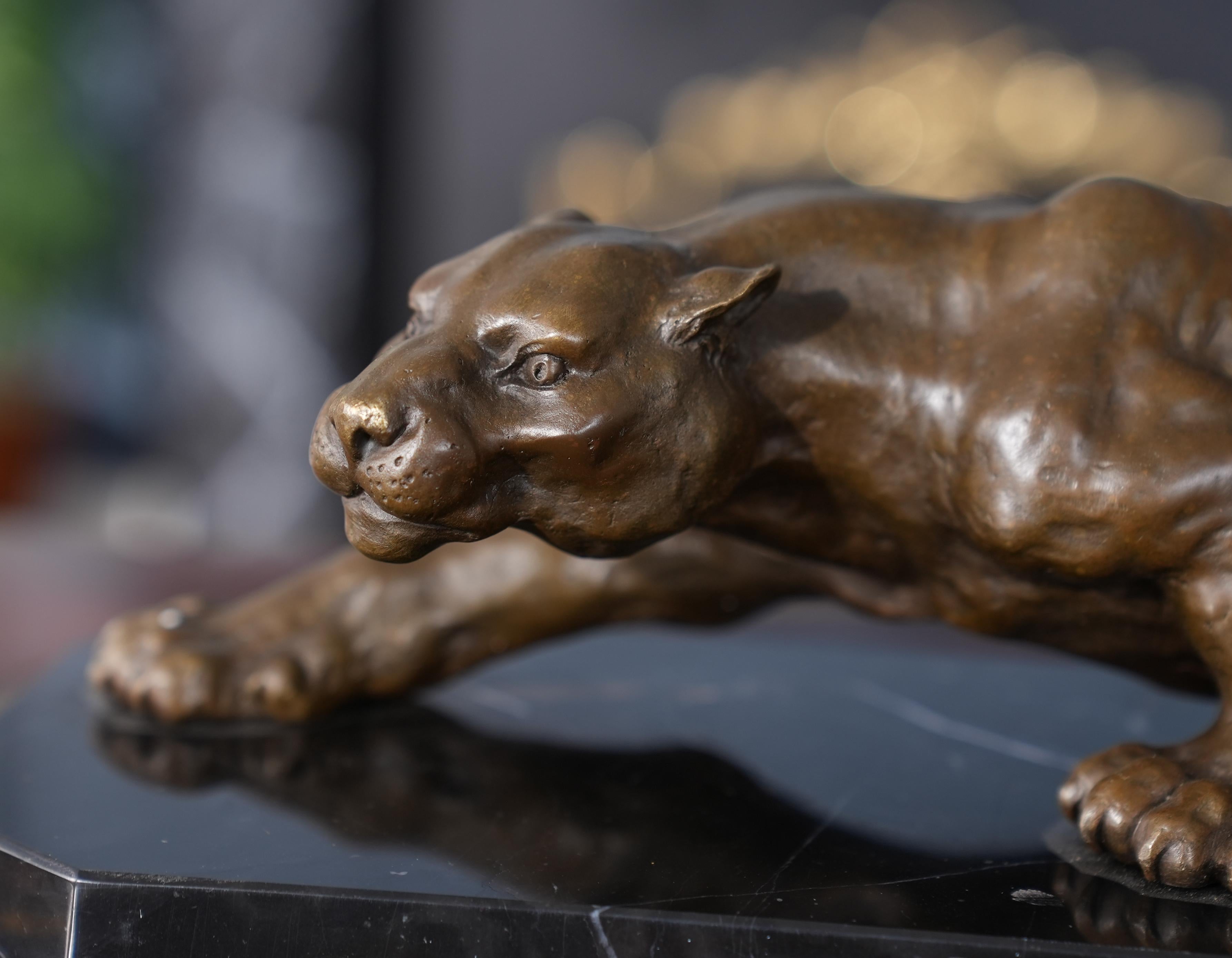Hand-Crafted Bronze Panther on Marble Base For Sale