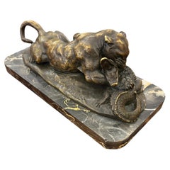 Bronze Panther with Caiman on Marble Base, Antoine-Louis Barye, 19th Century