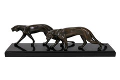 Panthères en bronze de Maurice Font - Sculpture Art Déco française des années 1930 sur marbre noir