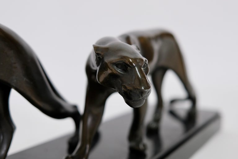 Mid-20th Century Bronze Panthers by Maurice Font French Art Deco Sculpture 1930s on Black Marble For Sale