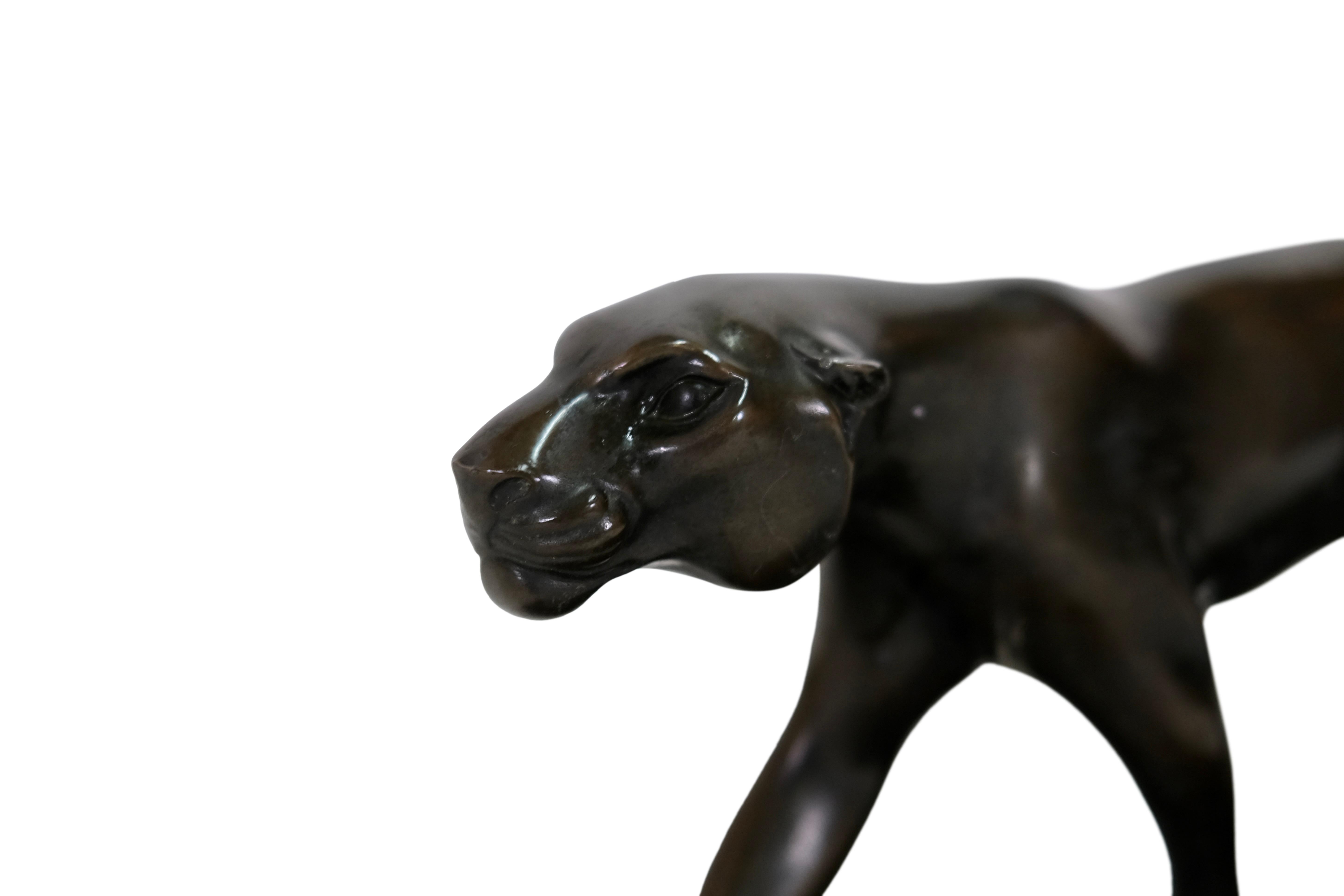 Bronze Panthers by Maurice Font French Art Deco Sculpture 1930s on Black Marble In Fair Condition In Ulm, DE