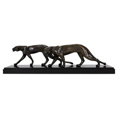 Bronze Panthers by Maurice Font French Art Deco Sculpture 1930s on Black Marble