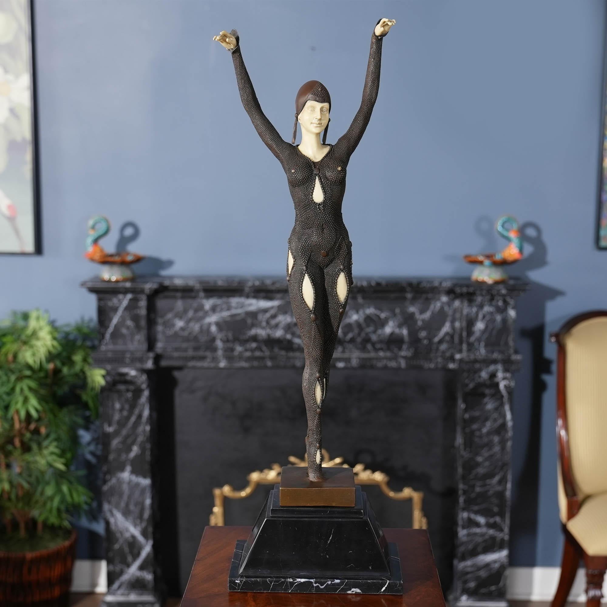 Graceful even when standing still the Bronze Parisian Dancer on Marble Base is a striking addition to any setting. Using traditional lost wax casting methods the Bronze Parisian Dancer statue has hand chaised details added to give a high level of