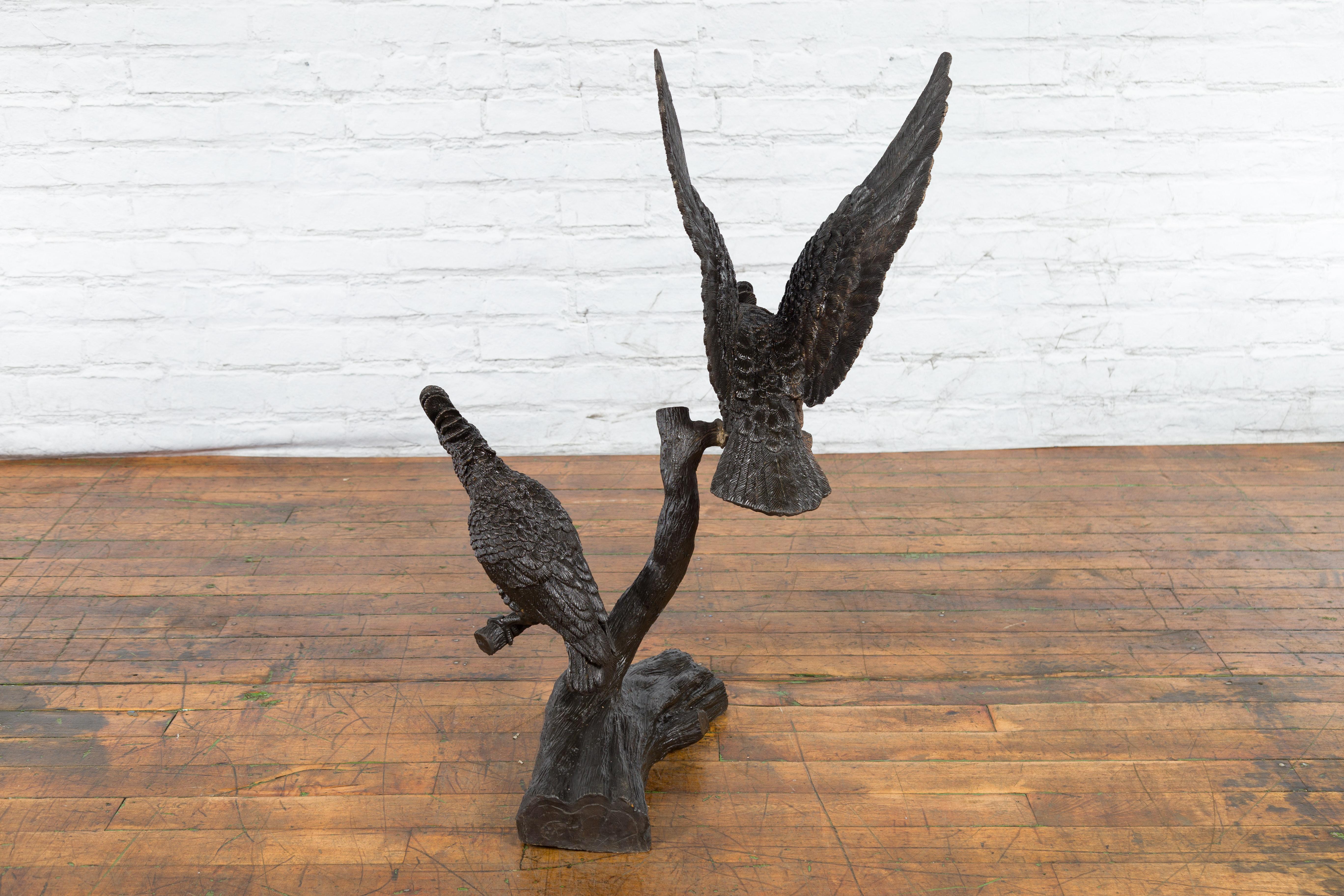 Bronze Parrots in a Tree Lost Wax Cast Sculpture with Dark and Bronze Patina For Sale 6