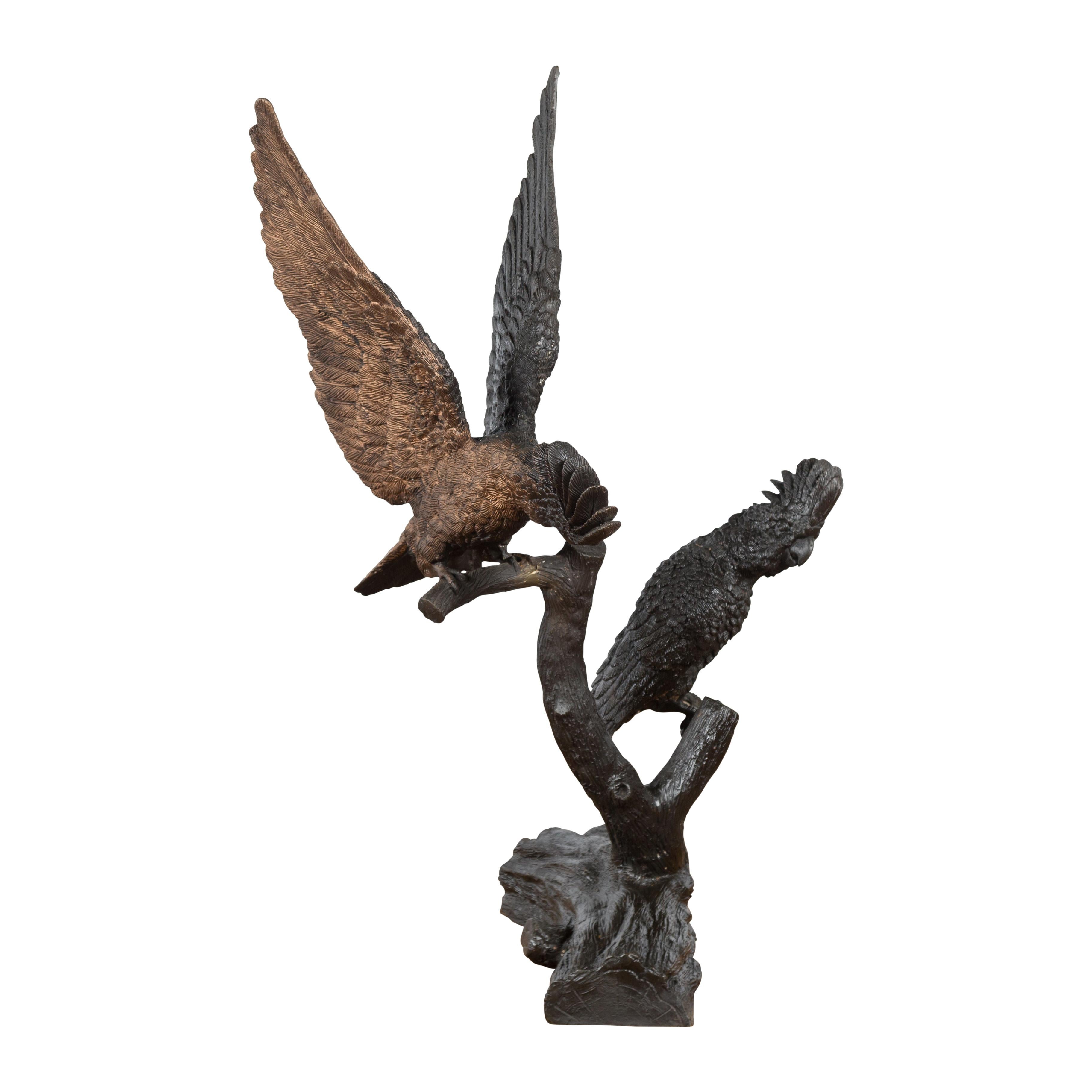 Bronze Parrots in a Tree Lost Wax Cast Sculpture with Dark and Bronze Patina For Sale 9