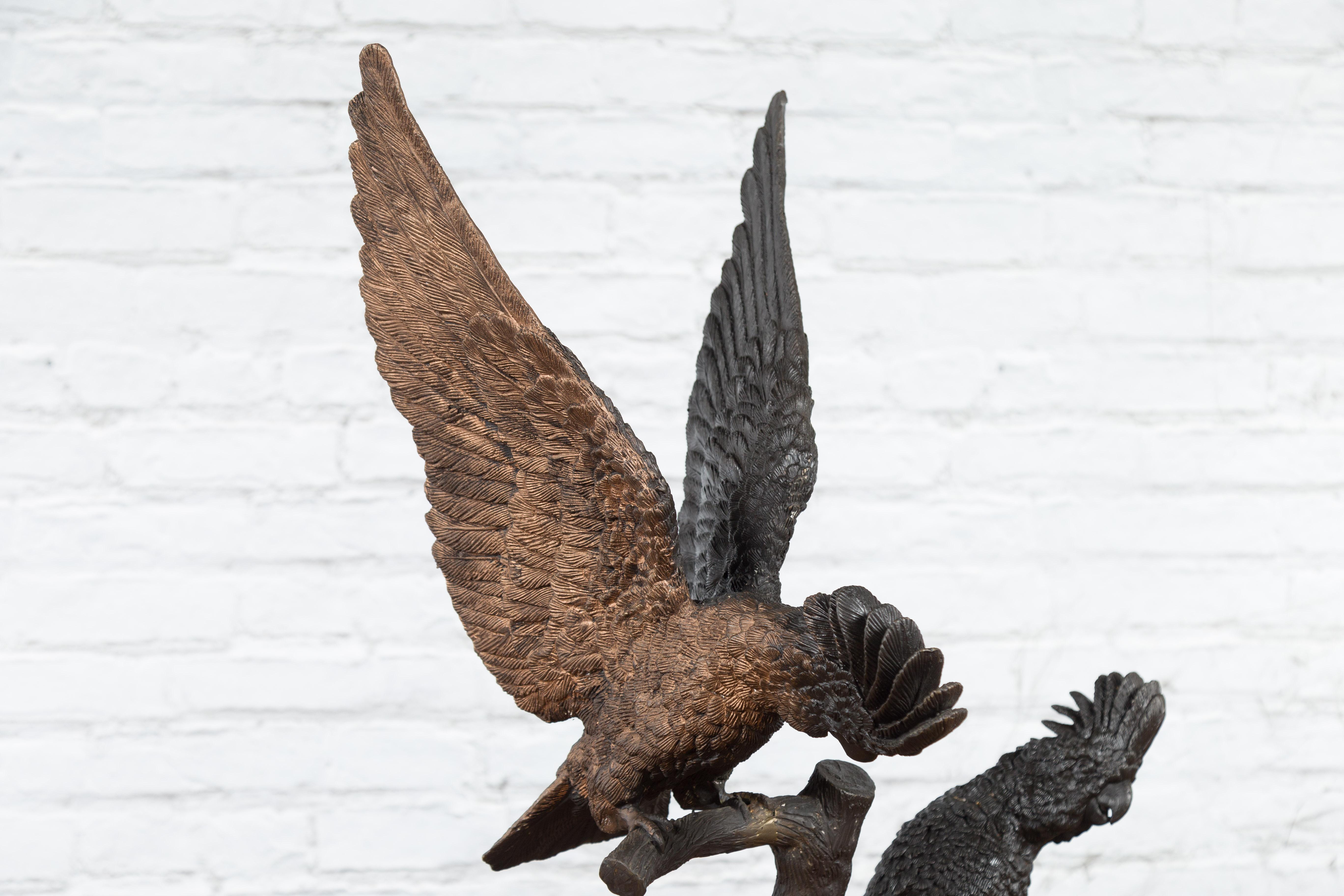 Cast Bronze Sculpture of Two Crested Parrots with Patinated Finish For Sale