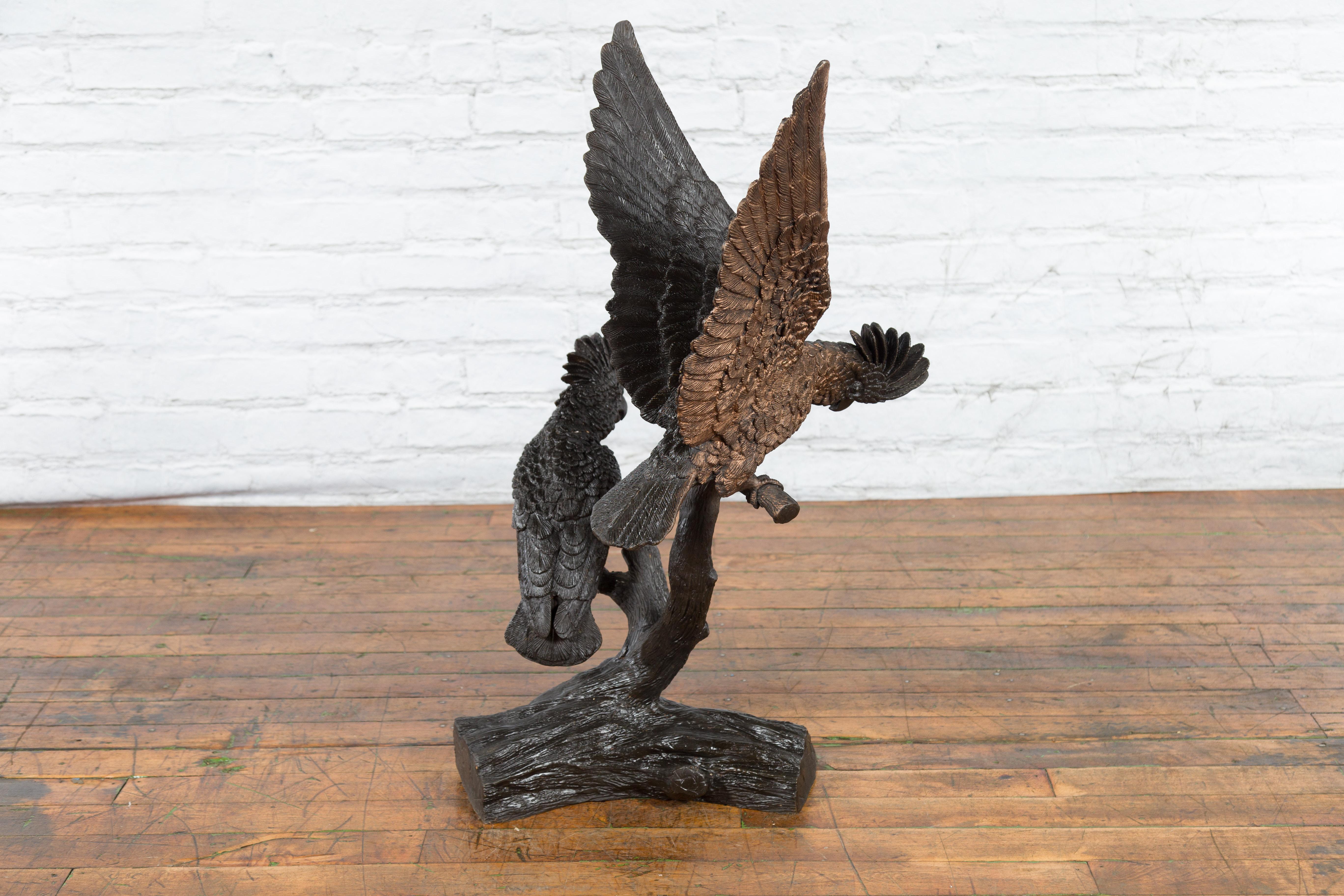 Bronze Parrots in a Tree Lost Wax Cast Sculpture with Dark and Bronze Patina For Sale 3