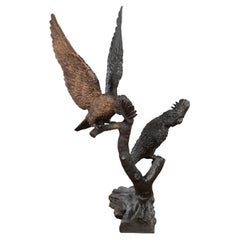Bronze Parrots in a Tree Lost Wax Cast Sculpture with Dark and Bronze Patina