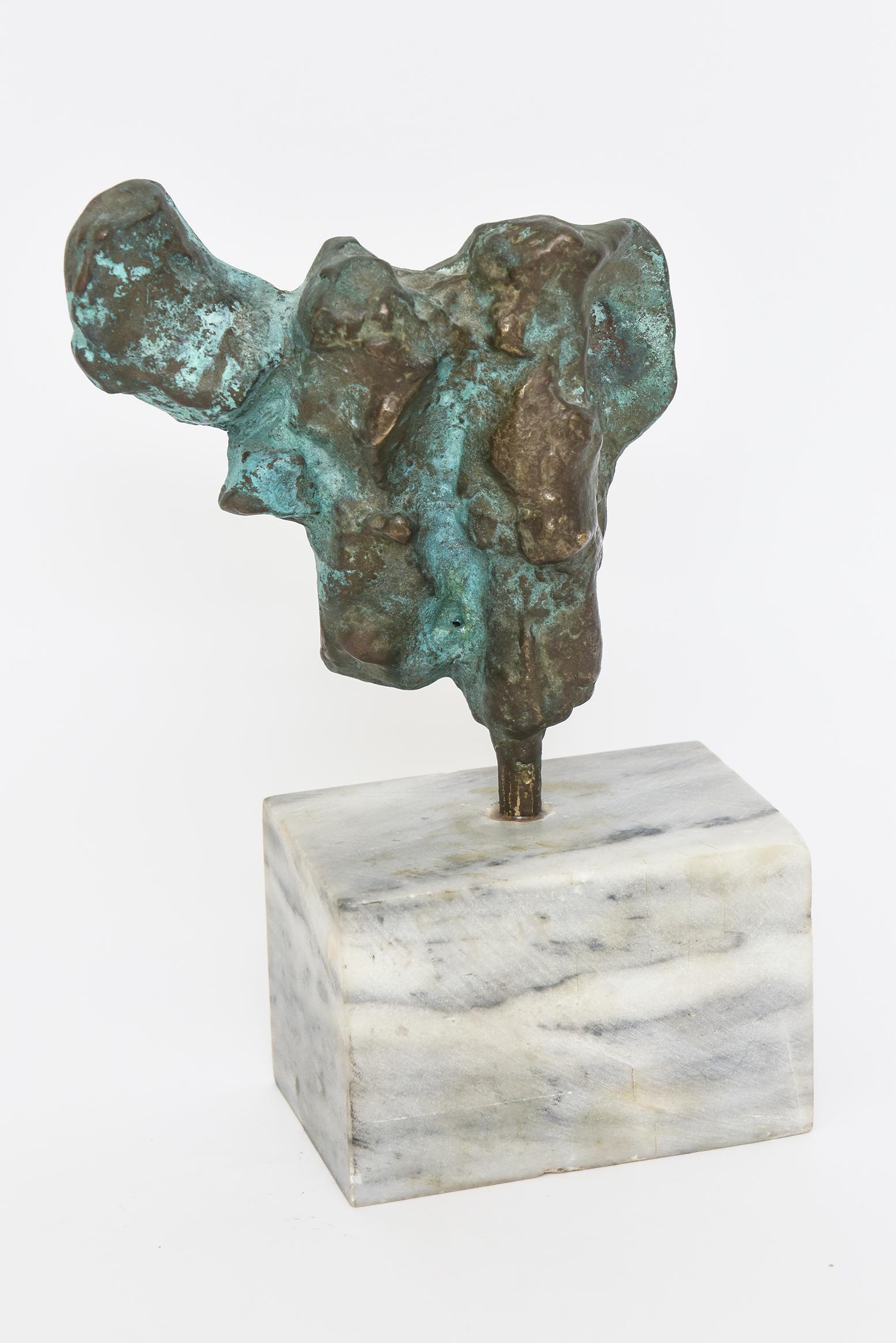 Modern Vintage Bronze Patina Verdigris Abstract Sculpture on Carrara Marble Base