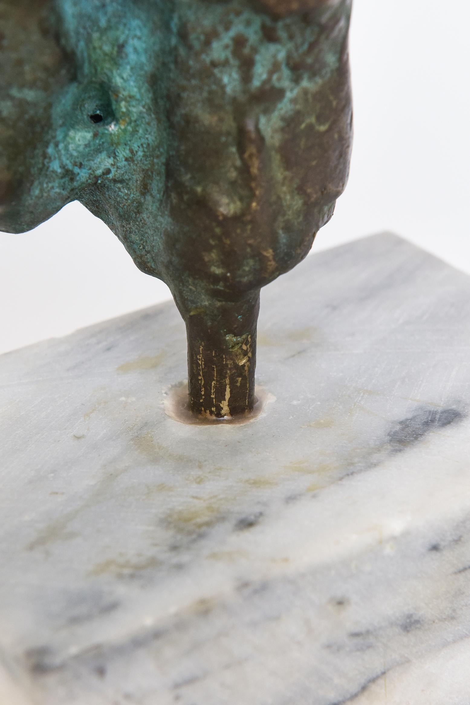 Vintage Bronze Patina Verdigris Abstract Sculpture on Carrara Marble Base In Good Condition In North Miami, FL