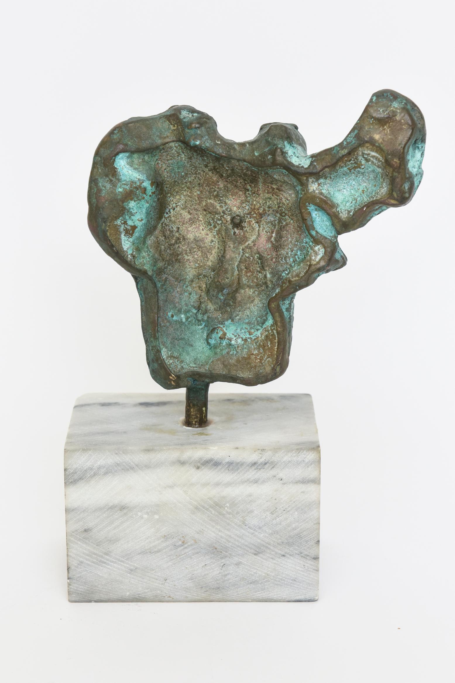 Late 20th Century Vintage Bronze Patina Verdigris Abstract Sculpture on Carrara Marble Base