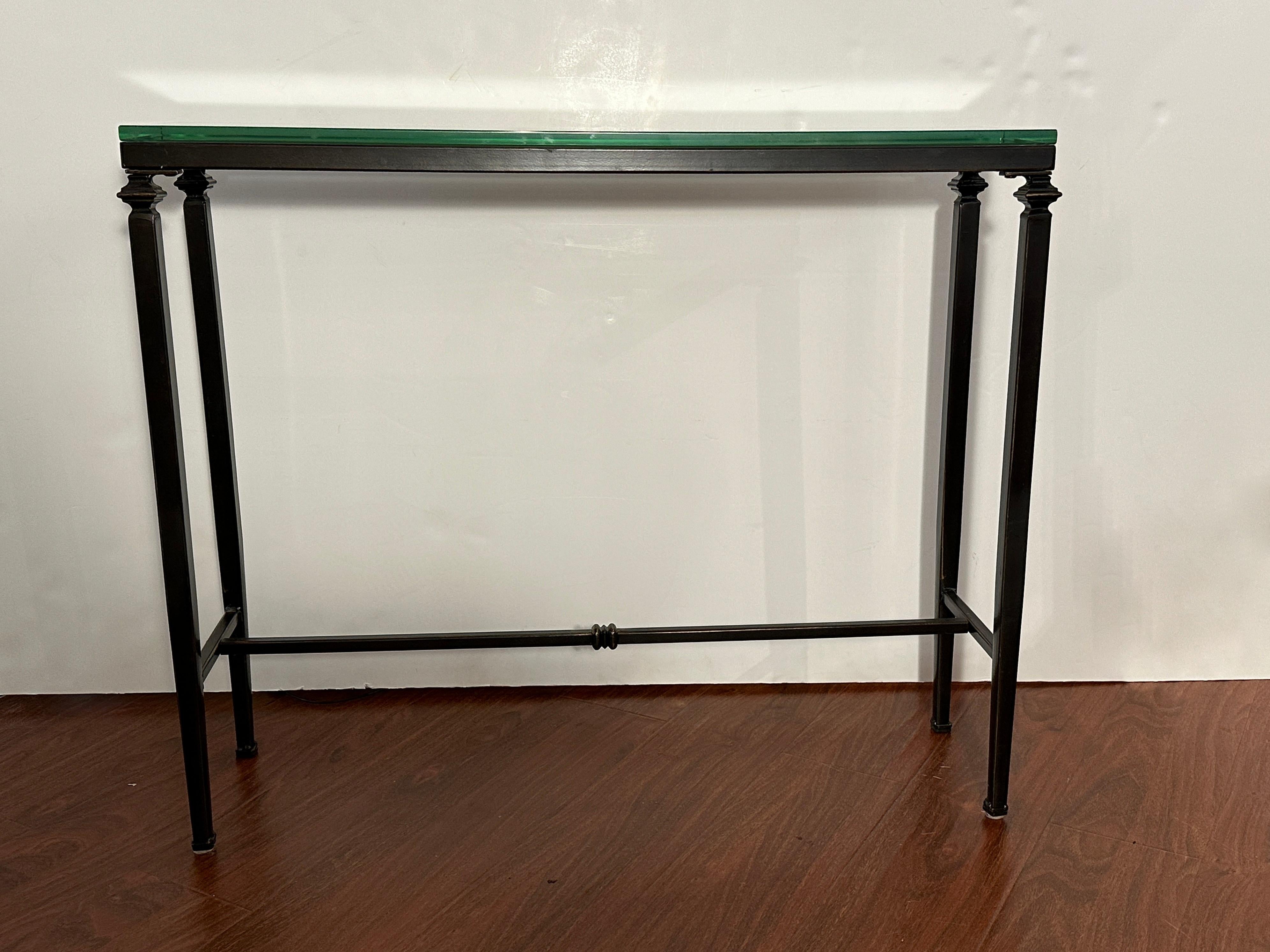 Bronze Patinated  Console with Thick Glass Top In Excellent Condition For Sale In Pasadena, CA