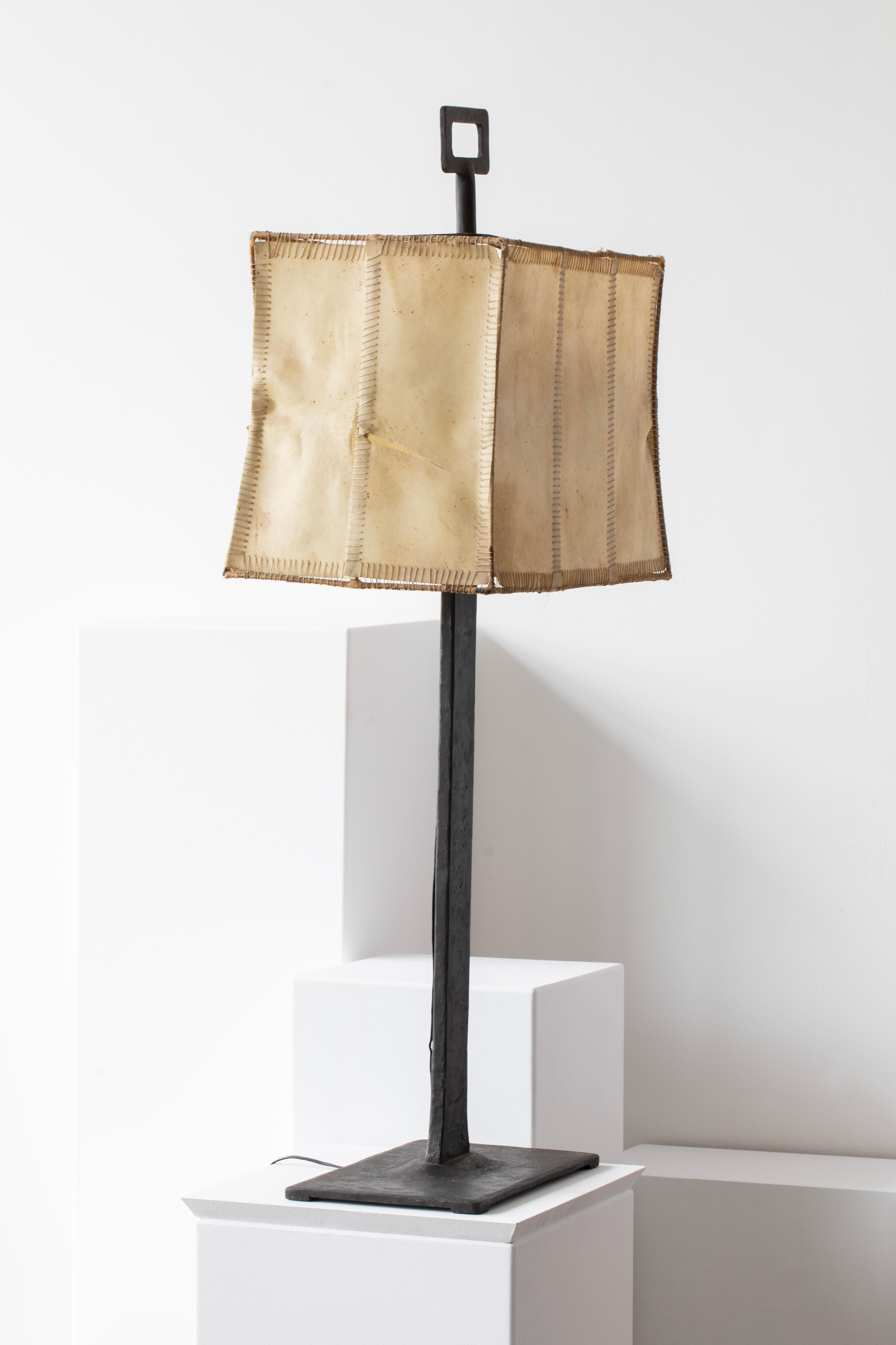 Art Deco Bronze-Patinated Iron and Parchment Table Lamp Attributed to Marc du Plantier For Sale