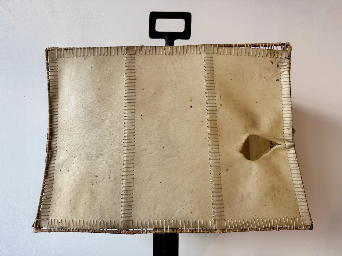 Goatskin Bronze-Patinated Iron and Parchment Table Lamp Attributed to Marc du Plantier For Sale