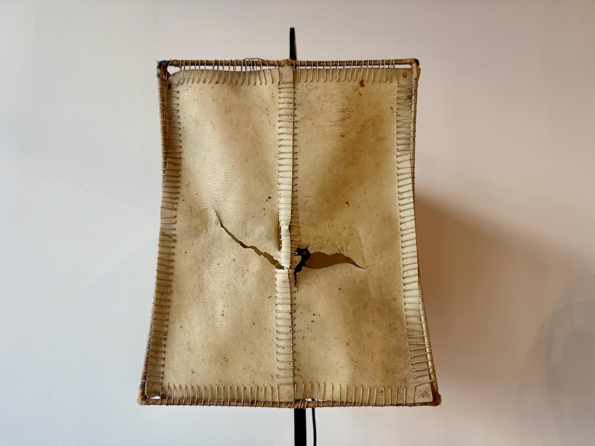 Bronze-Patinated Iron and Parchment Table Lamp Attributed to Marc du Plantier For Sale 2