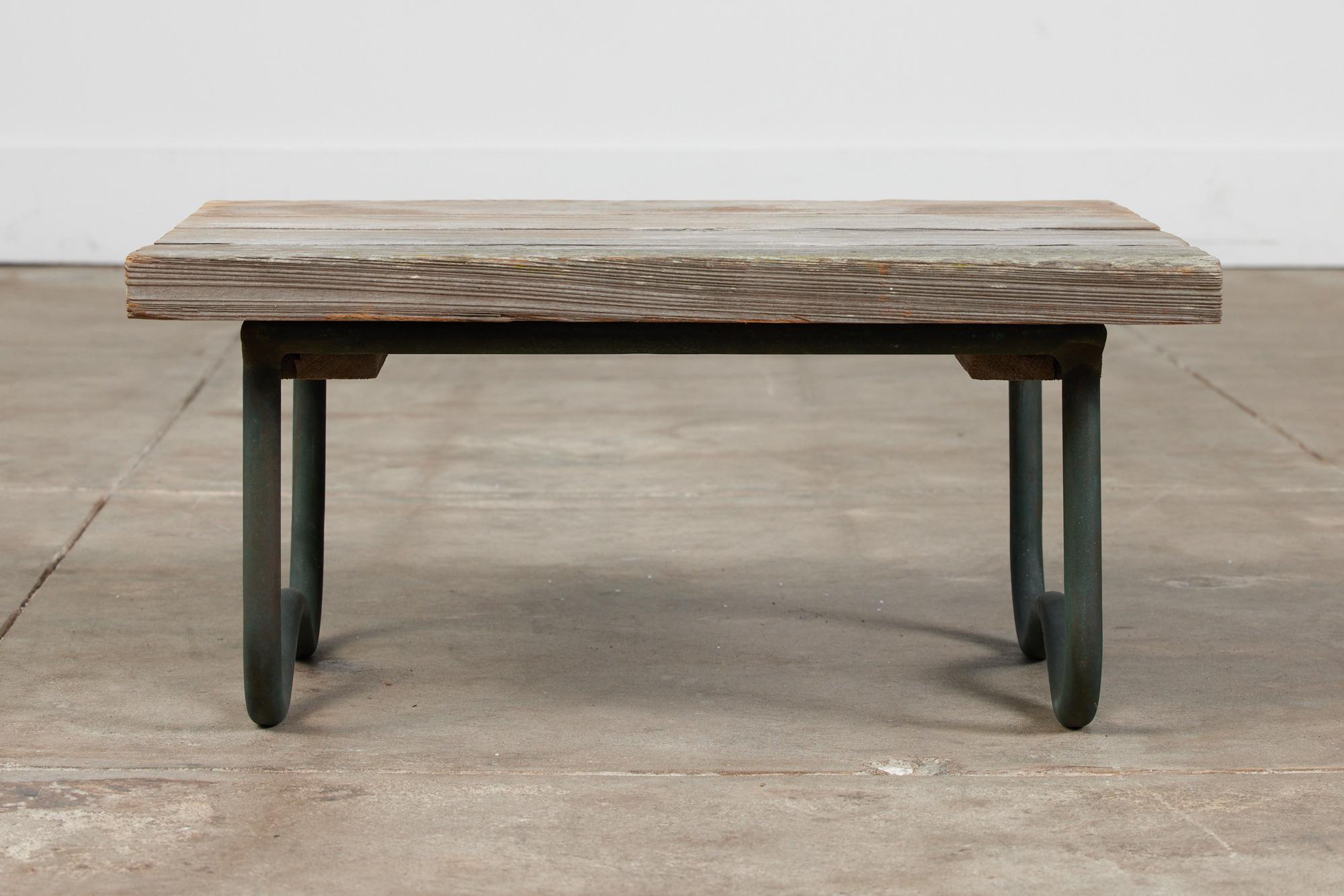 Bronze Patio Beach Table with Wood Top by Walter Lamb for Brown Jordan In Excellent Condition In Los Angeles, CA