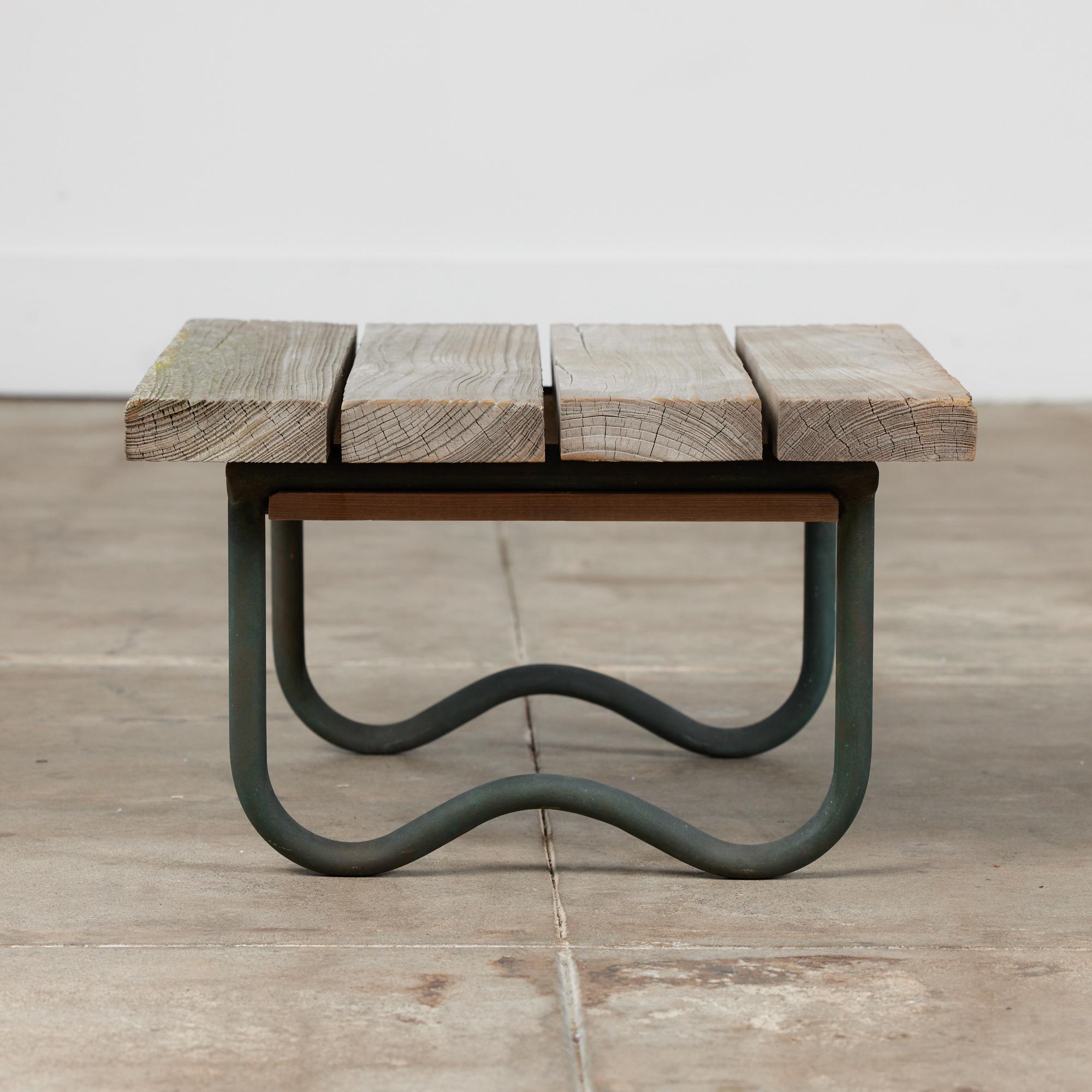 Mid-20th Century Bronze Patio Beach Table with Wood Top by Walter Lamb for Brown Jordan