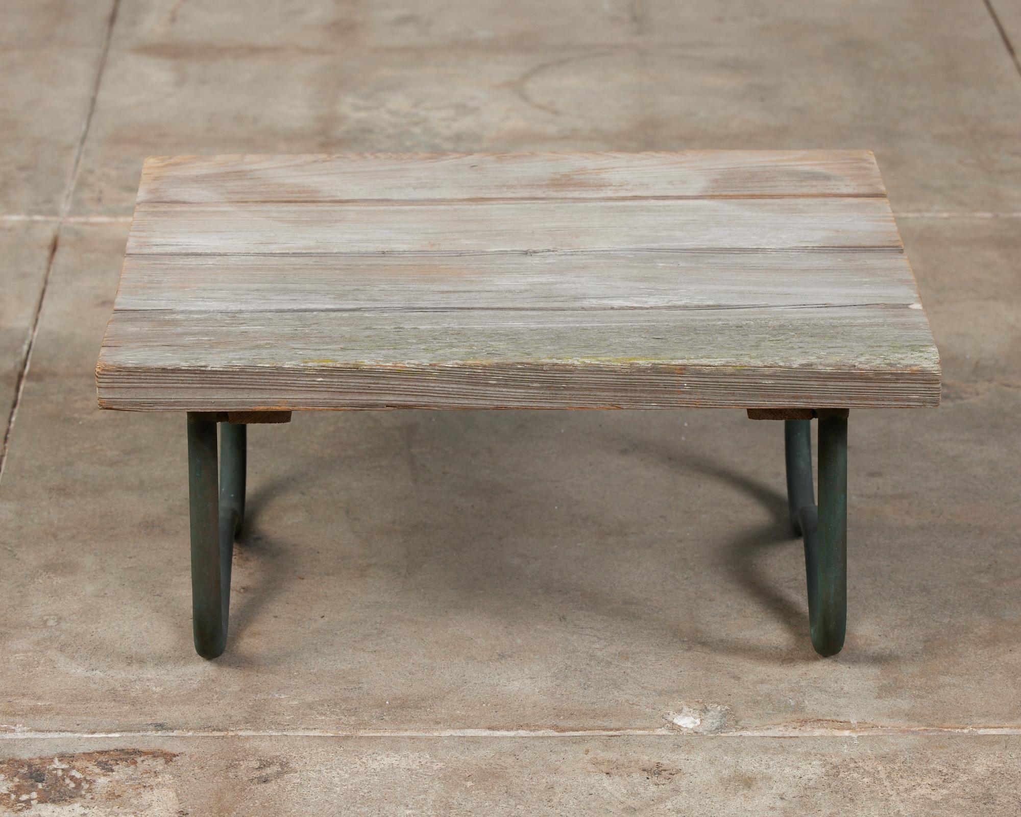 Bronze Patio Beach Table with Wood Top by Walter Lamb for Brown Jordan 1