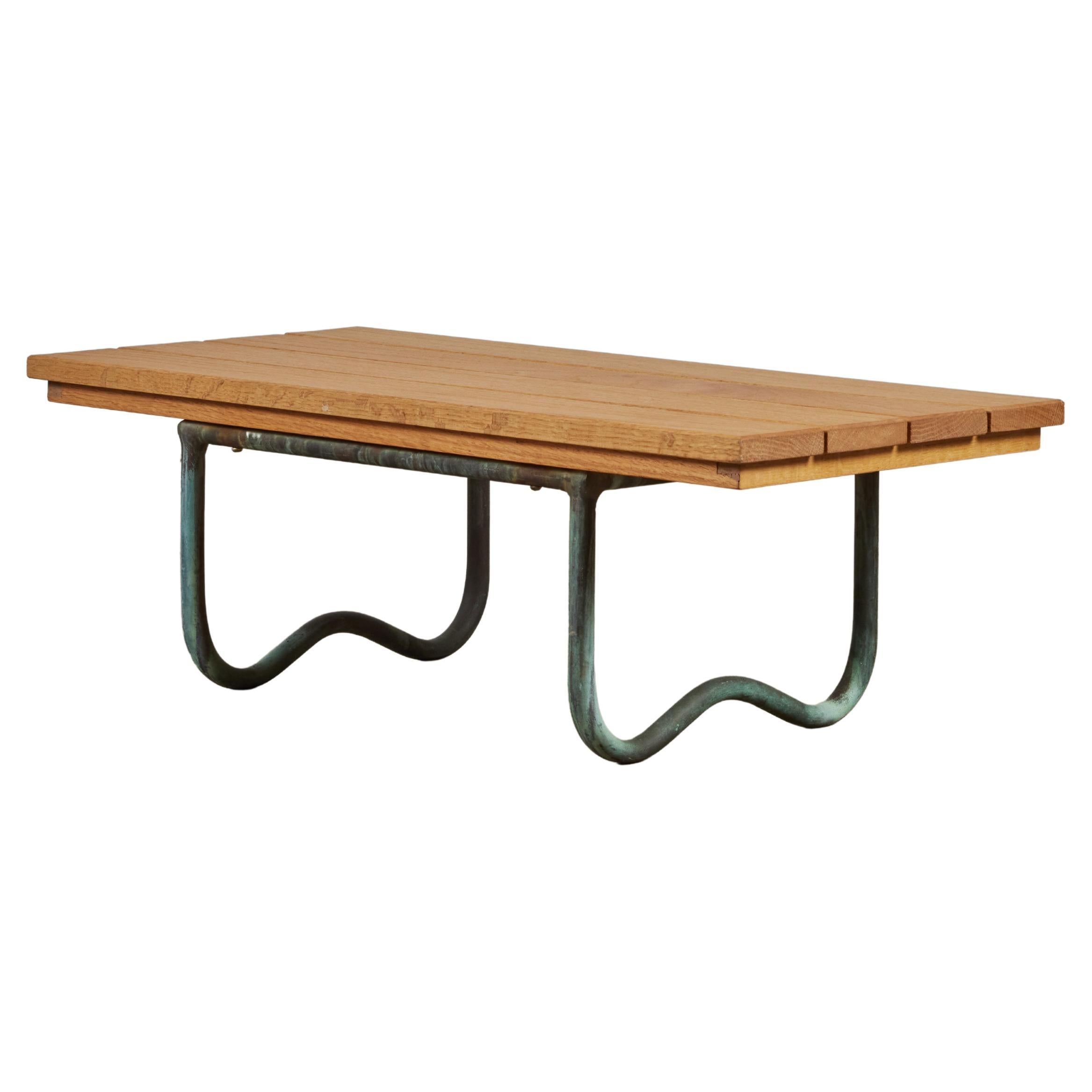 Bronze Patio Beach Table with Wood Top by Walter Lamb for Brown Jordan For Sale