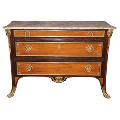 Bronze Paw Footed Marble Top Rosewood and Mahogany French Louis XV Commode