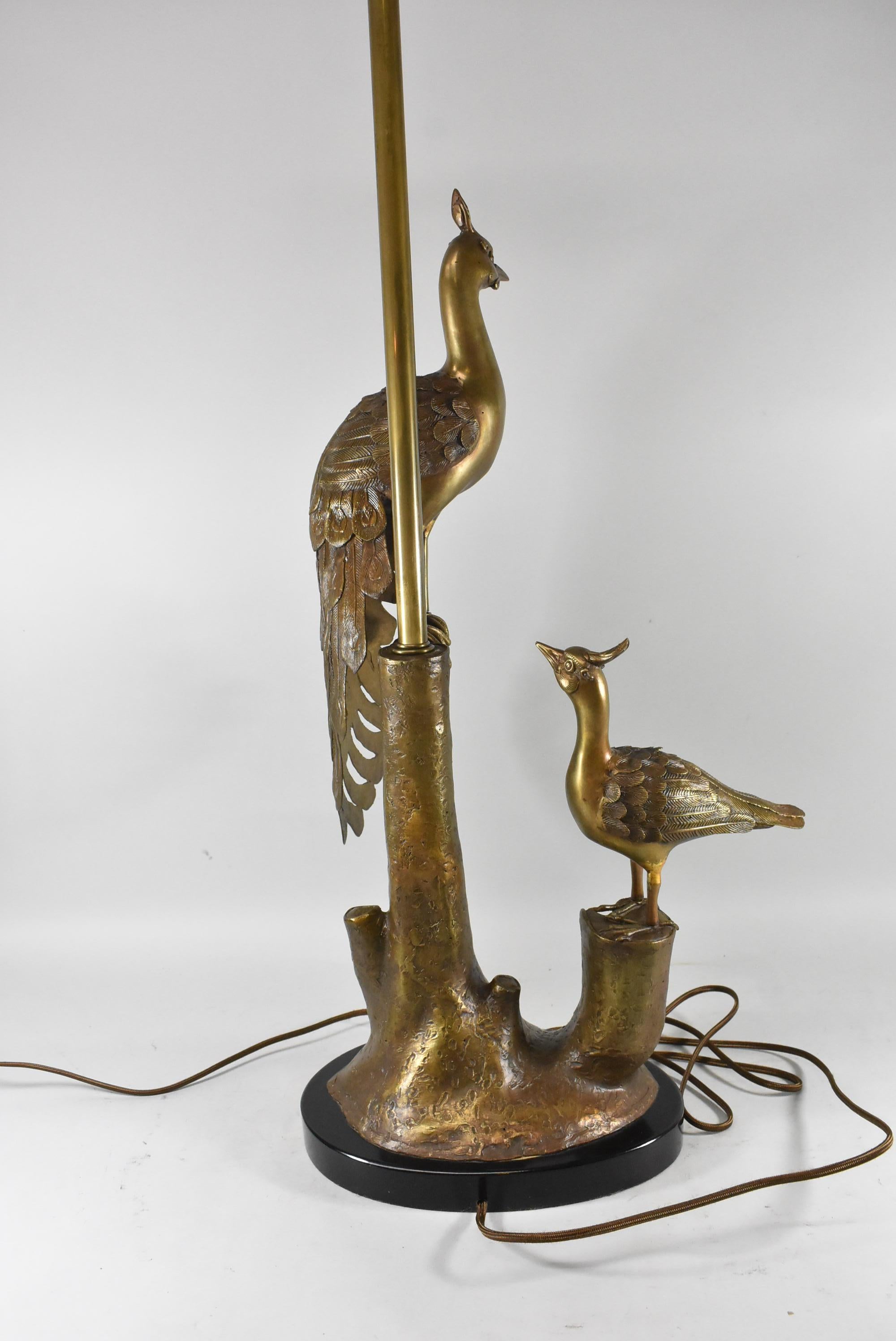 Art Nouveau Bronze Peacock Table Lamp Marbro Lamp Co. Ebonized Base For Sale