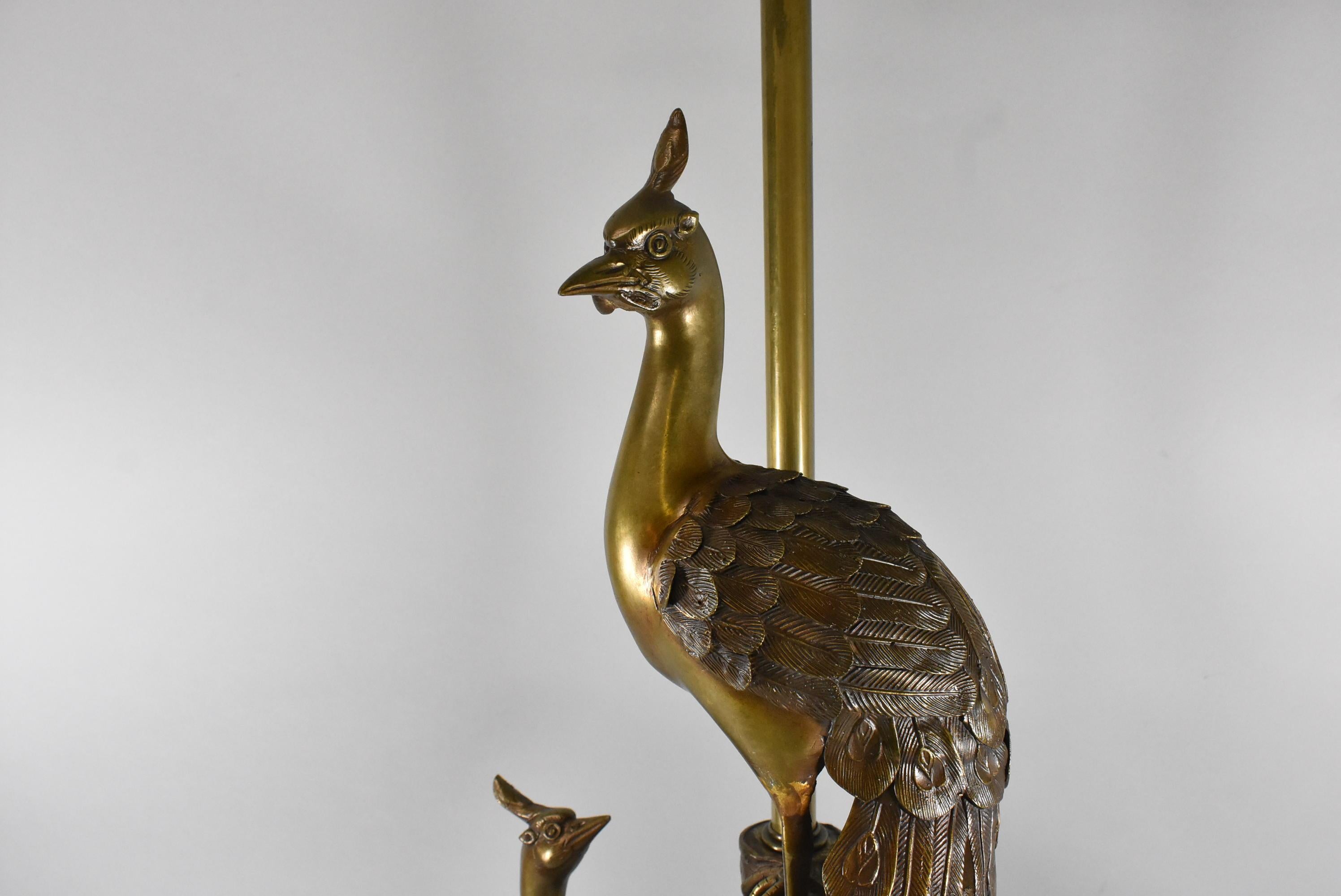 North American Bronze Peacock Table Lamp Marbro Lamp Co. Ebonized Base For Sale