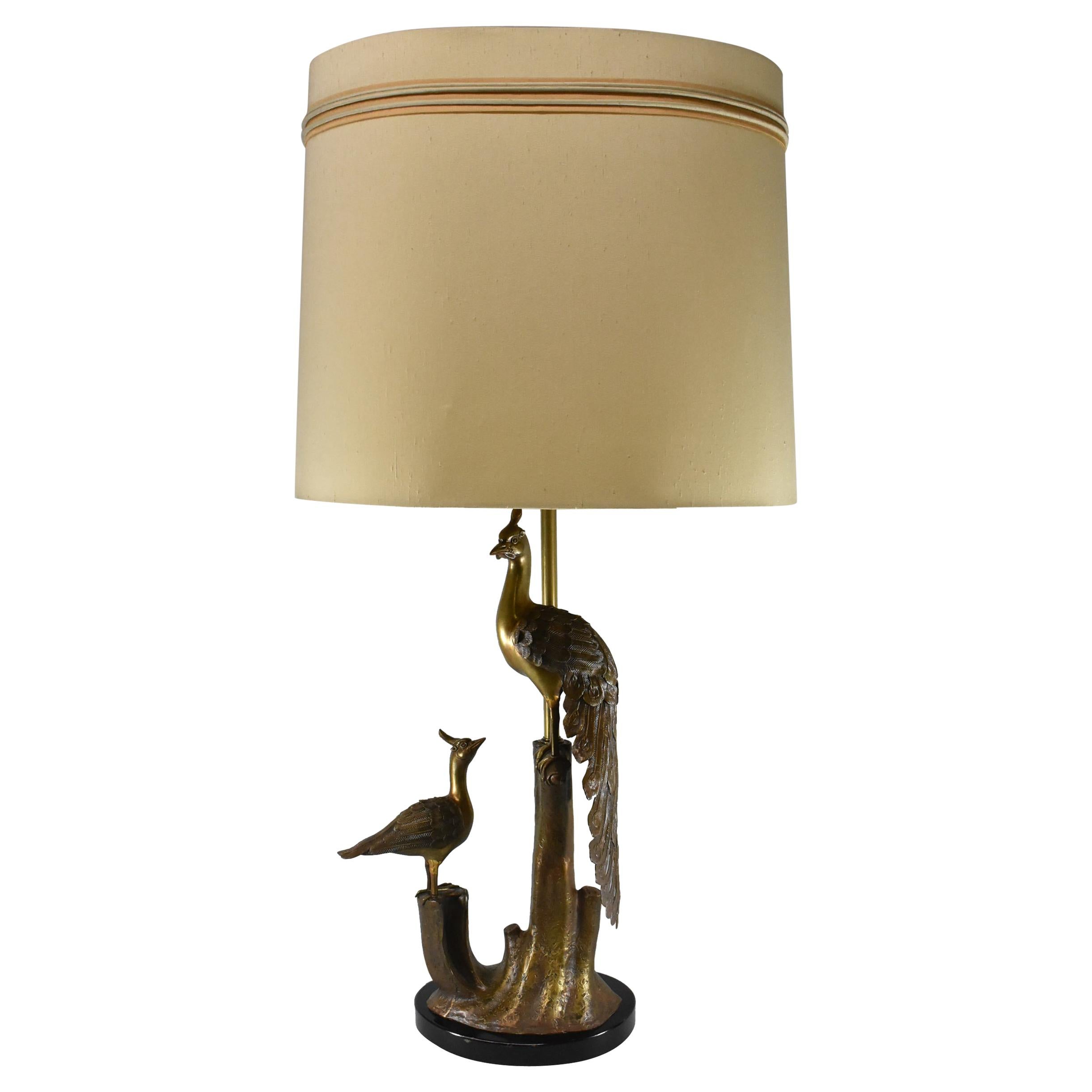 Lampe de bureau paon en bronze Marbro Lamp Co. Base ébonisée