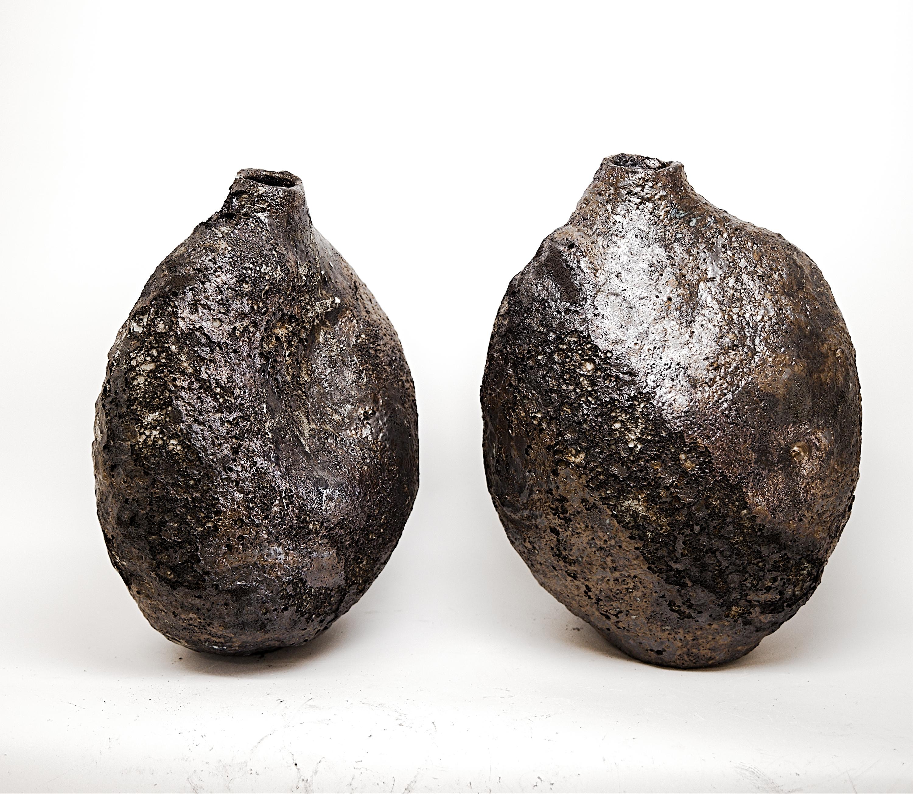 Organic Modern Bronze Pebble- handmade Lava  Bottle Vase For Sale
