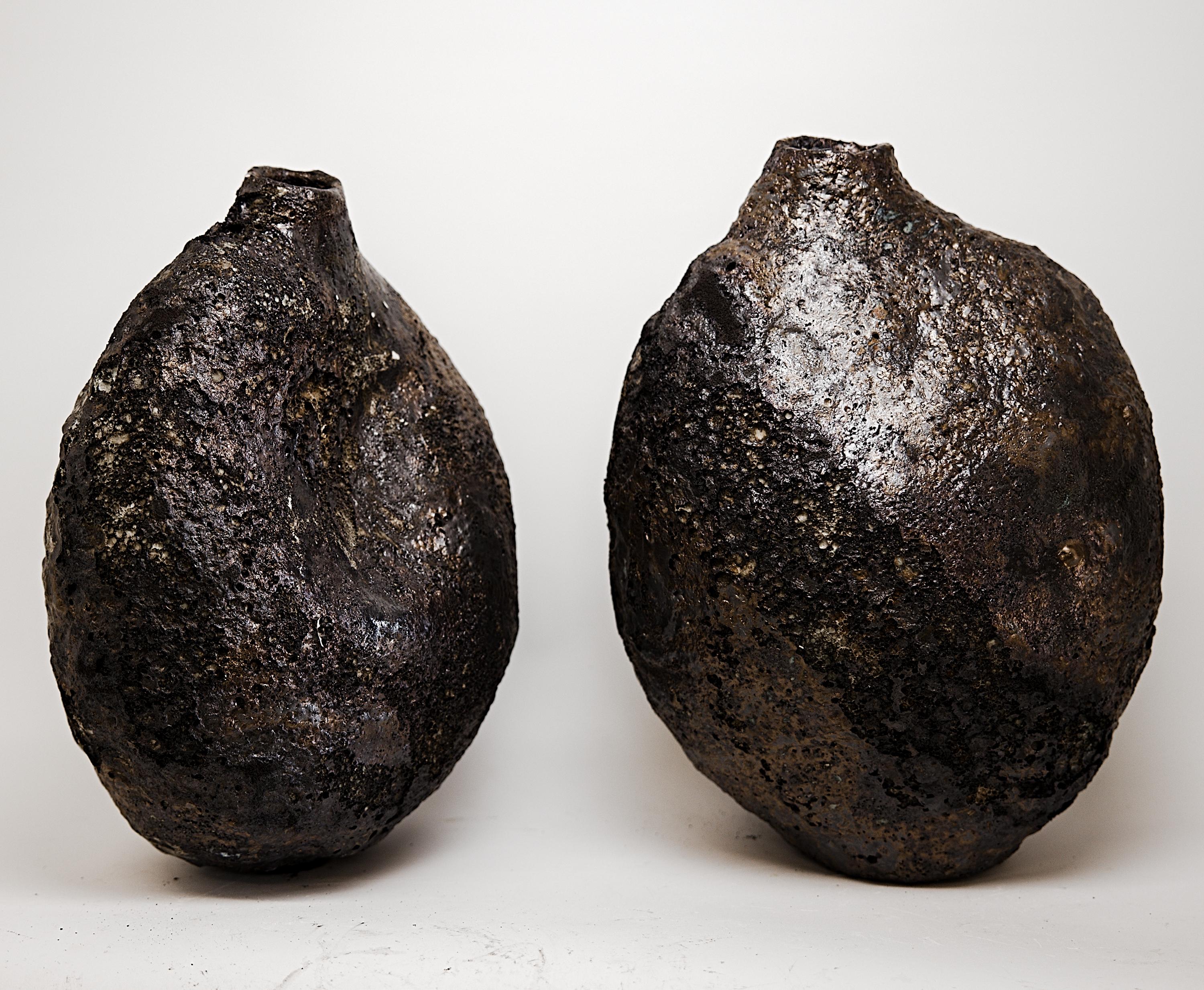 Glazed Bronze Pebble- handmade Lava  Bottle Vase For Sale