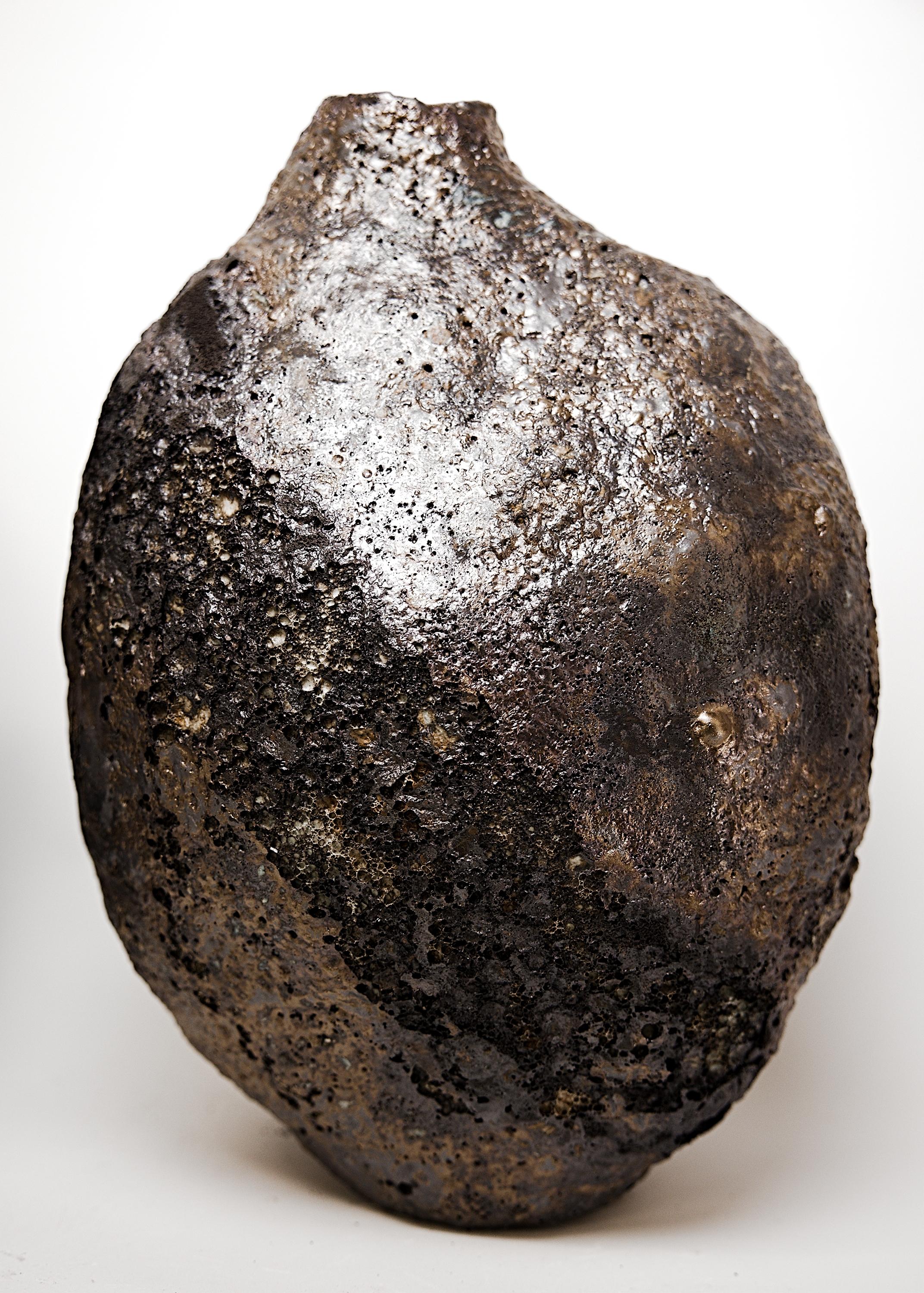 Contemporary Bronze Pebble- handmade Lava  Bottle Vase For Sale