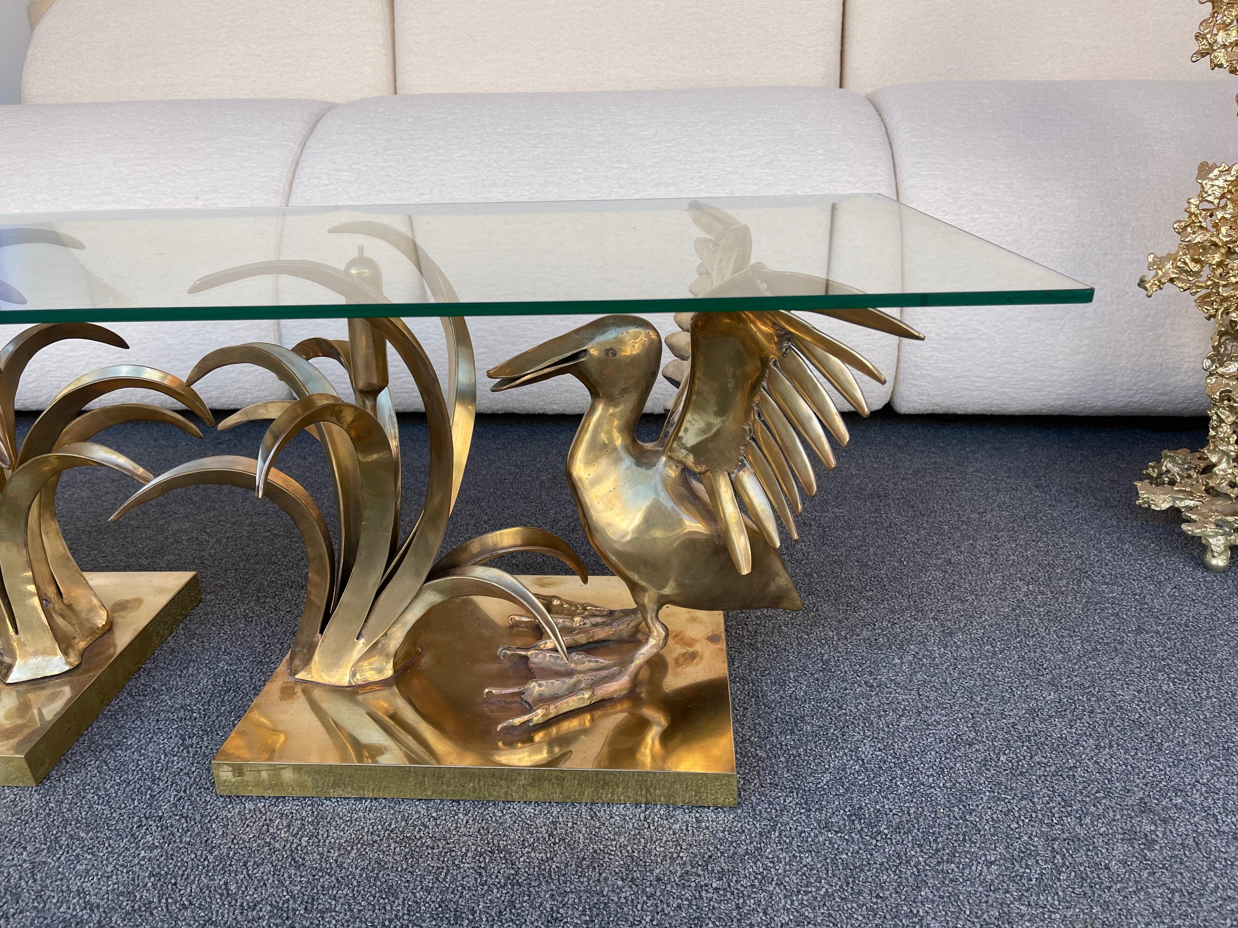 Hollywood Regency Bronze Pelican and Reed Coffee Table by Christian Techoueyres, France, 1970s For Sale