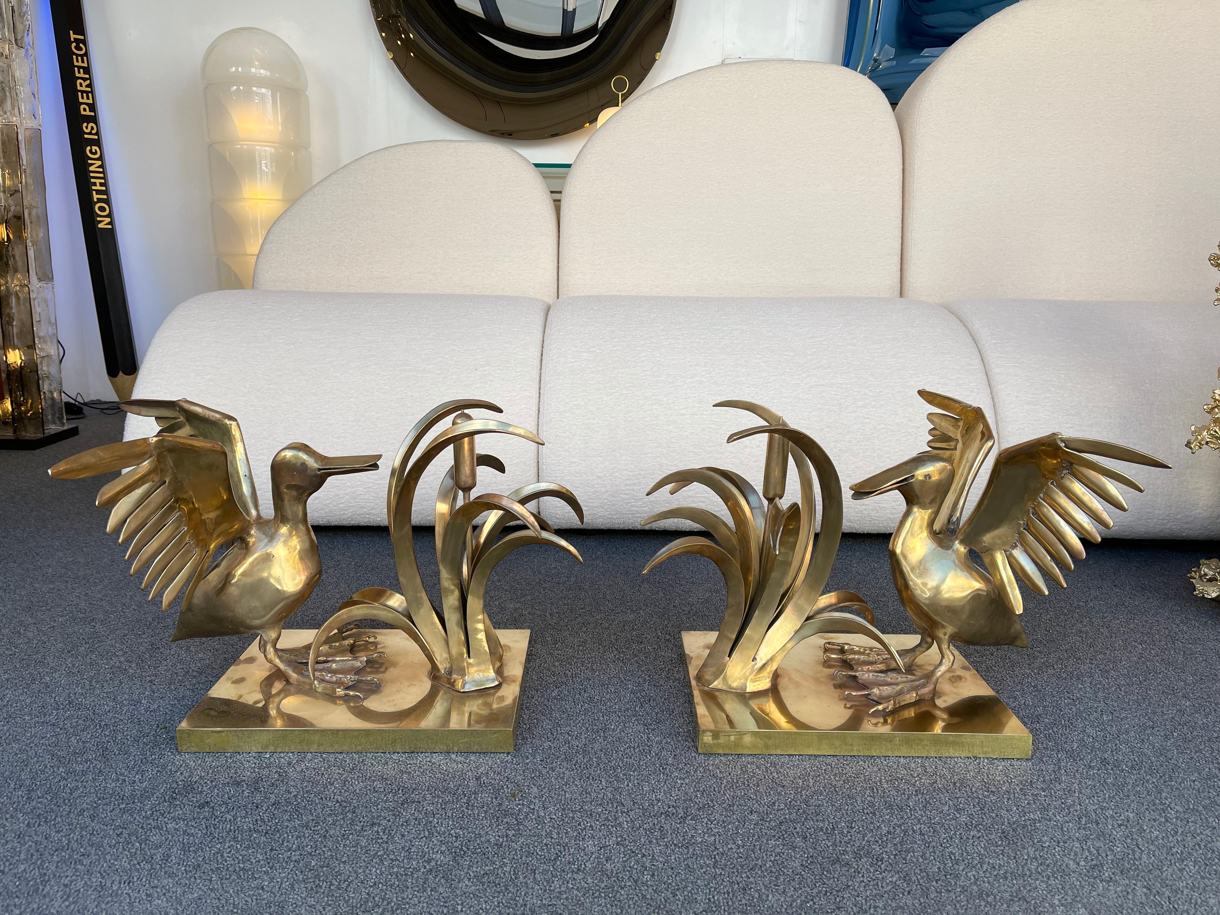 Bronze Pelican and Reed Coffee Table by Christian Techoueyres, France, 1970s In Good Condition For Sale In SAINT-OUEN, FR