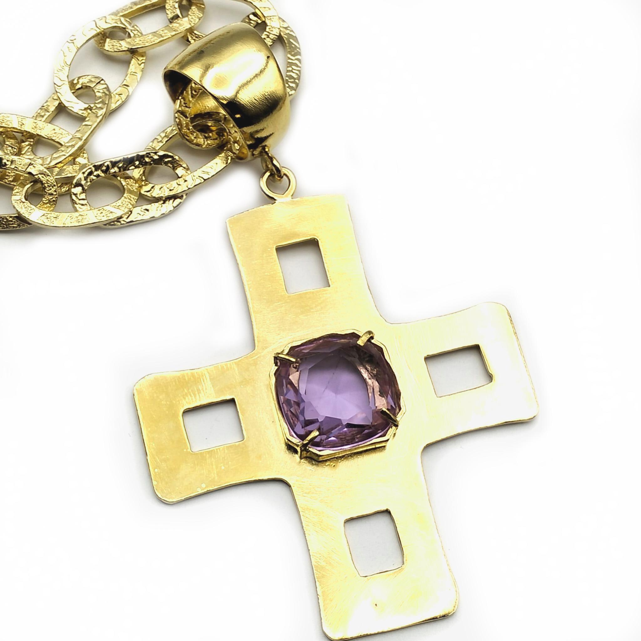 Artisan Bronze Pendant in the shape of a cross and zircon set in the Gothic style frame For Sale
