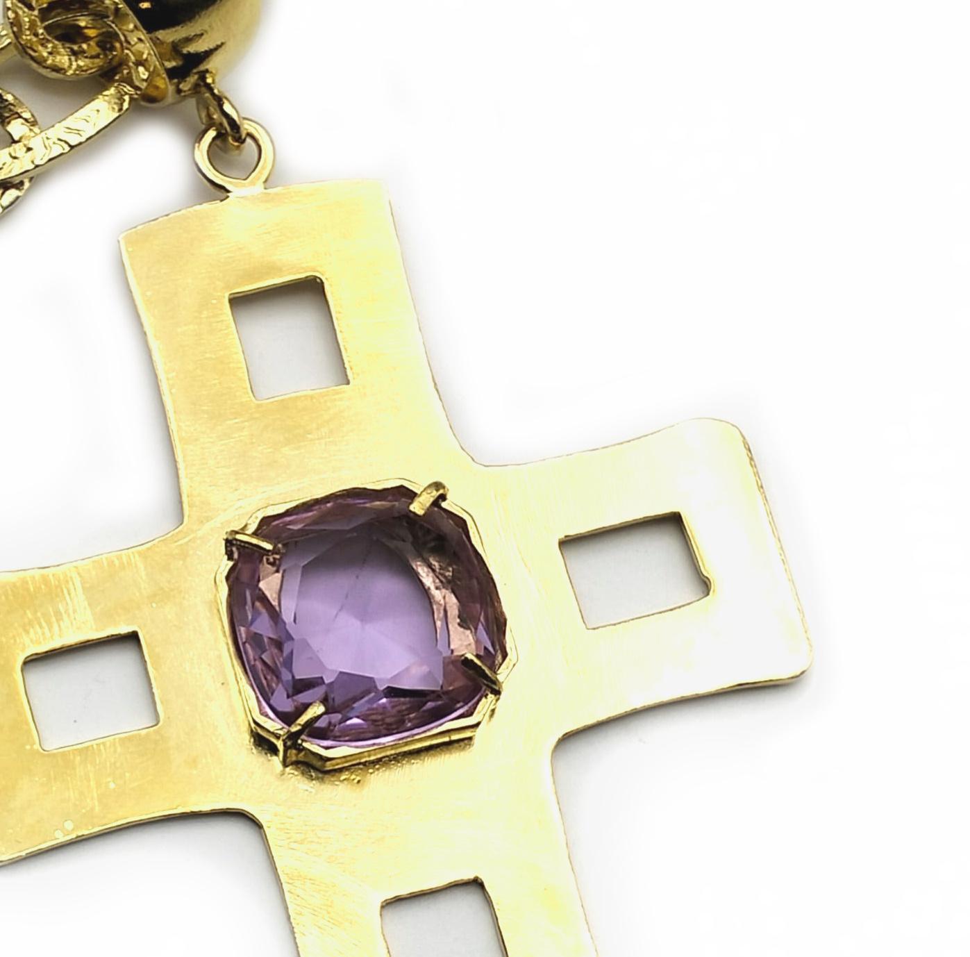 Briolette Cut Bronze Pendant in the shape of a cross and zircon set in the Gothic style frame For Sale