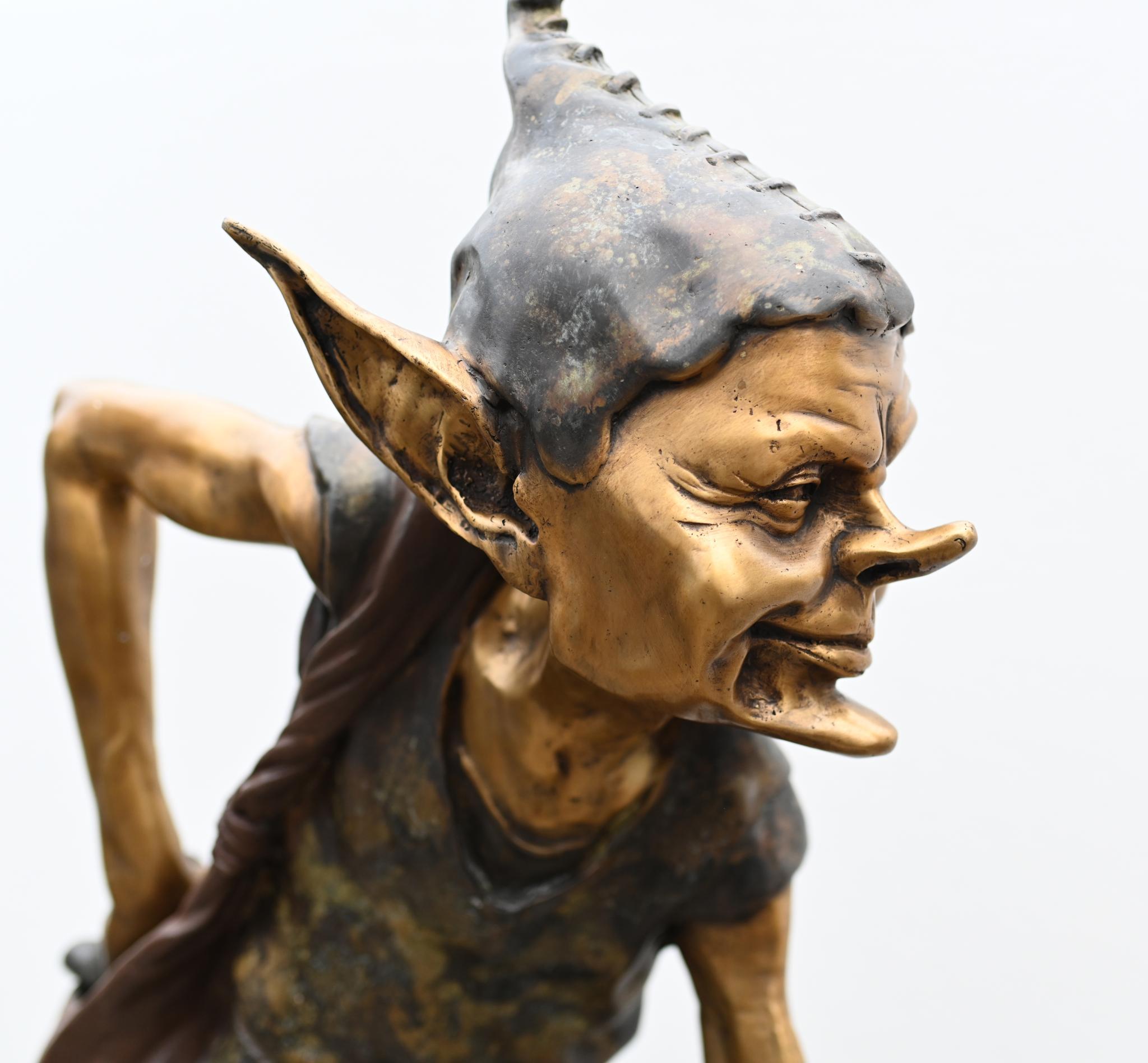 Late 20th Century Bronze Pixie Toad Catcher Statue Elph Goblin Casting For Sale
