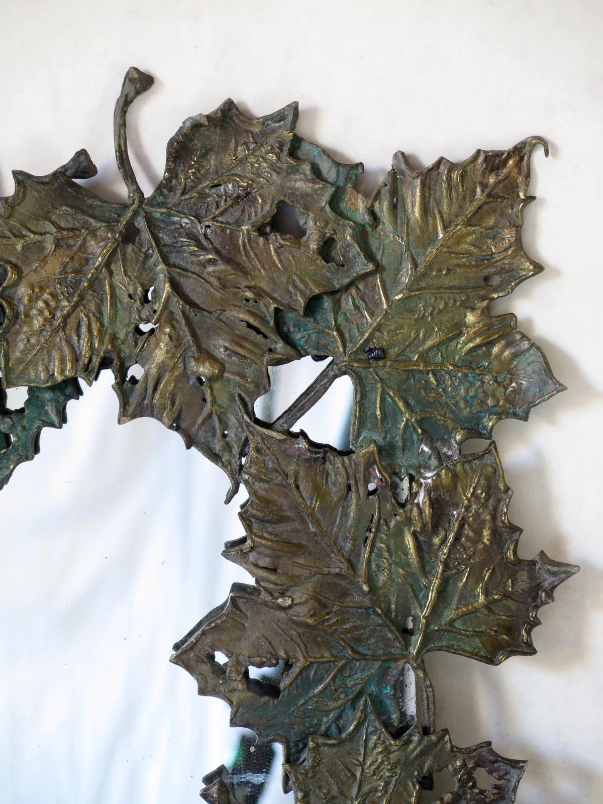 French Bronze Plane-Tree Leaf Mirror, France, circa 1950s For Sale