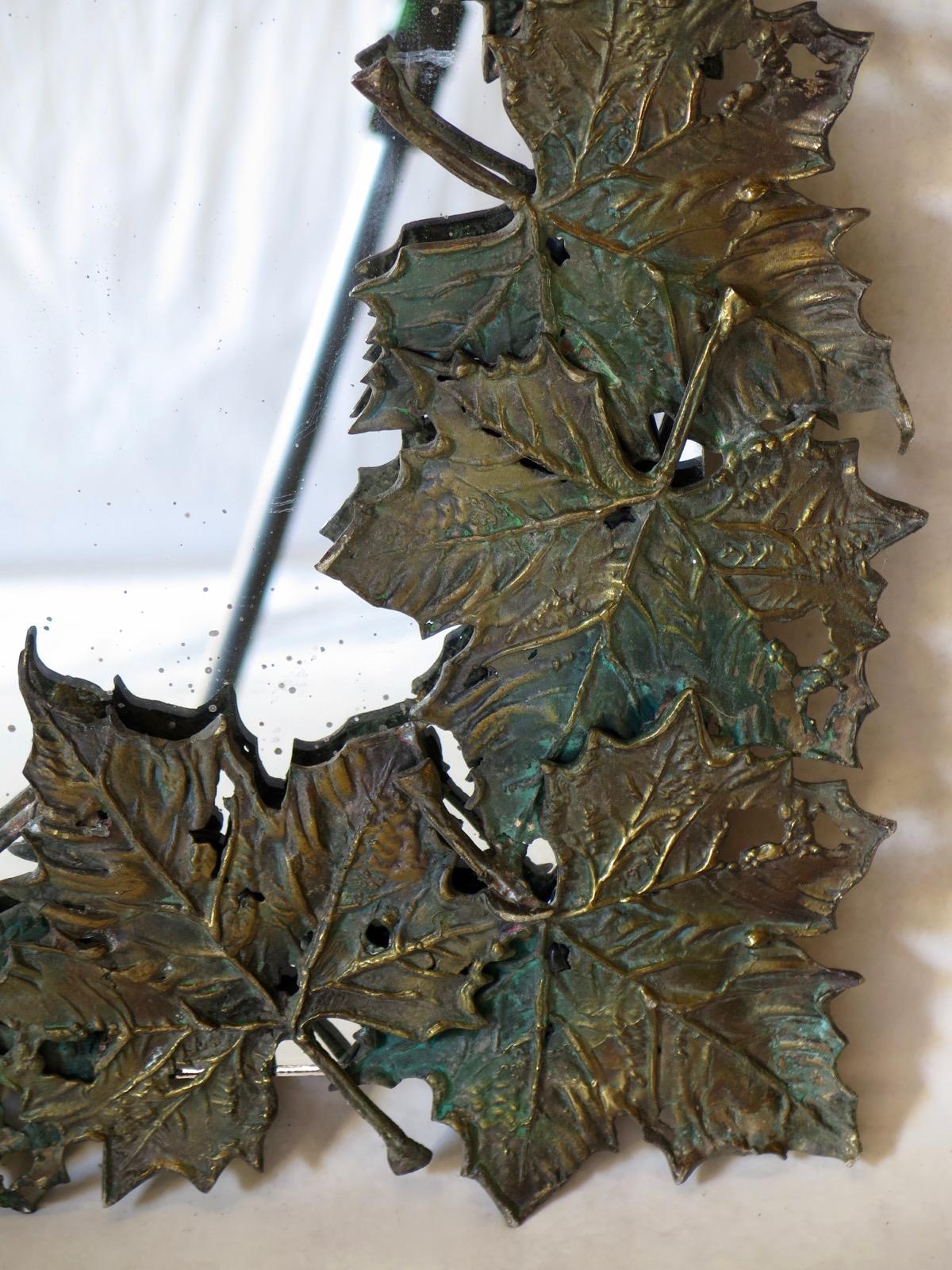 Patinated Bronze Plane-Tree Leaf Mirror, France, circa 1950s For Sale