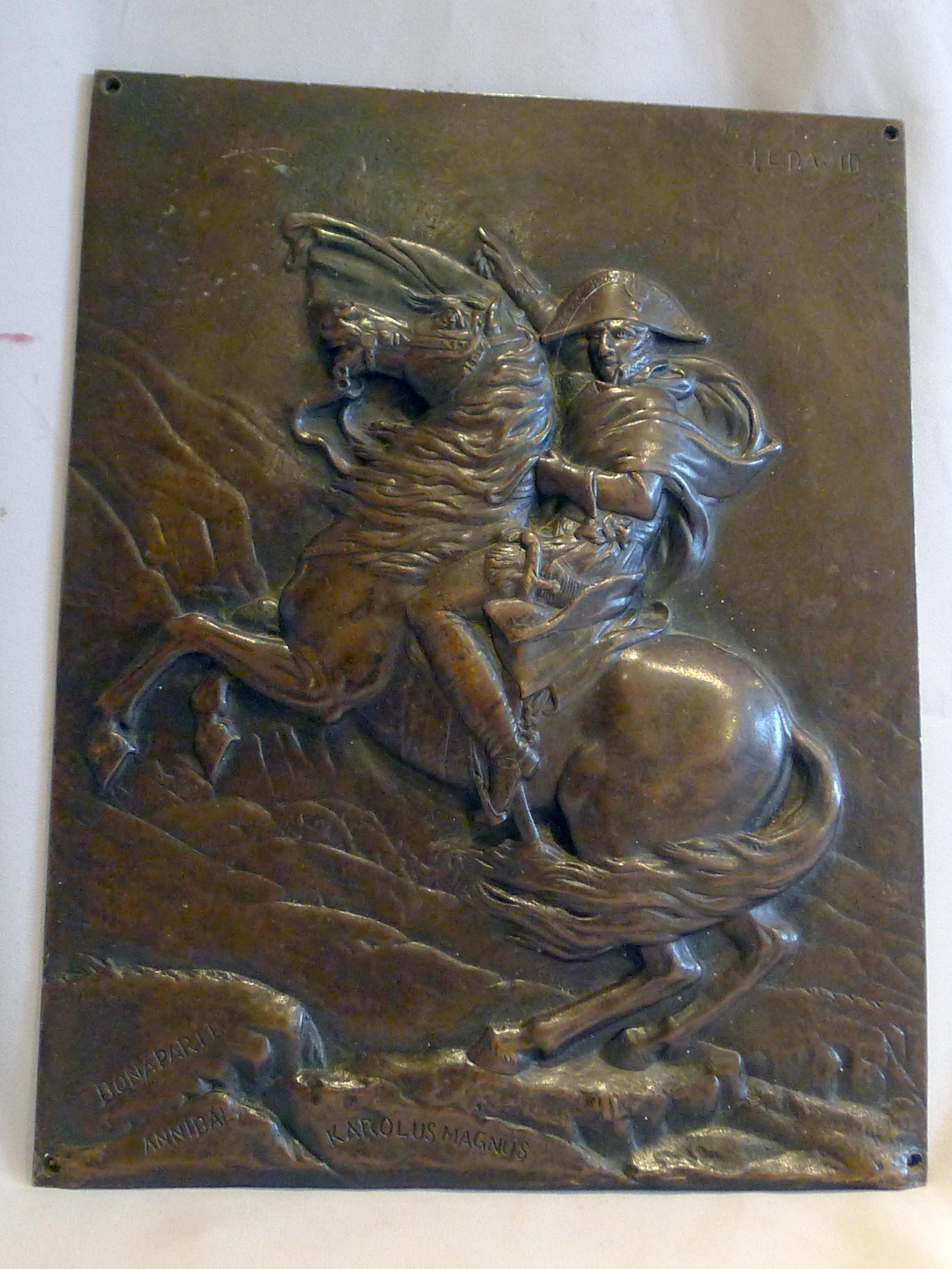 French Bronze Plaque of Napoleon Crossing the Alps after the Painting by David For Sale