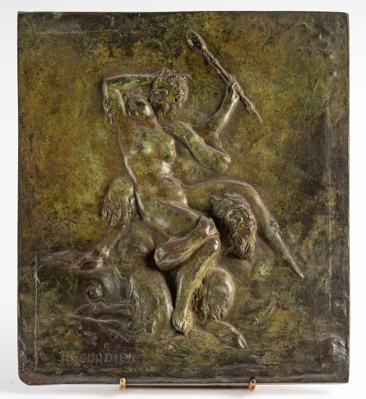 Napoleon III Bronze Plate with Patina Representing Fauns, Signed Clodion For Sale