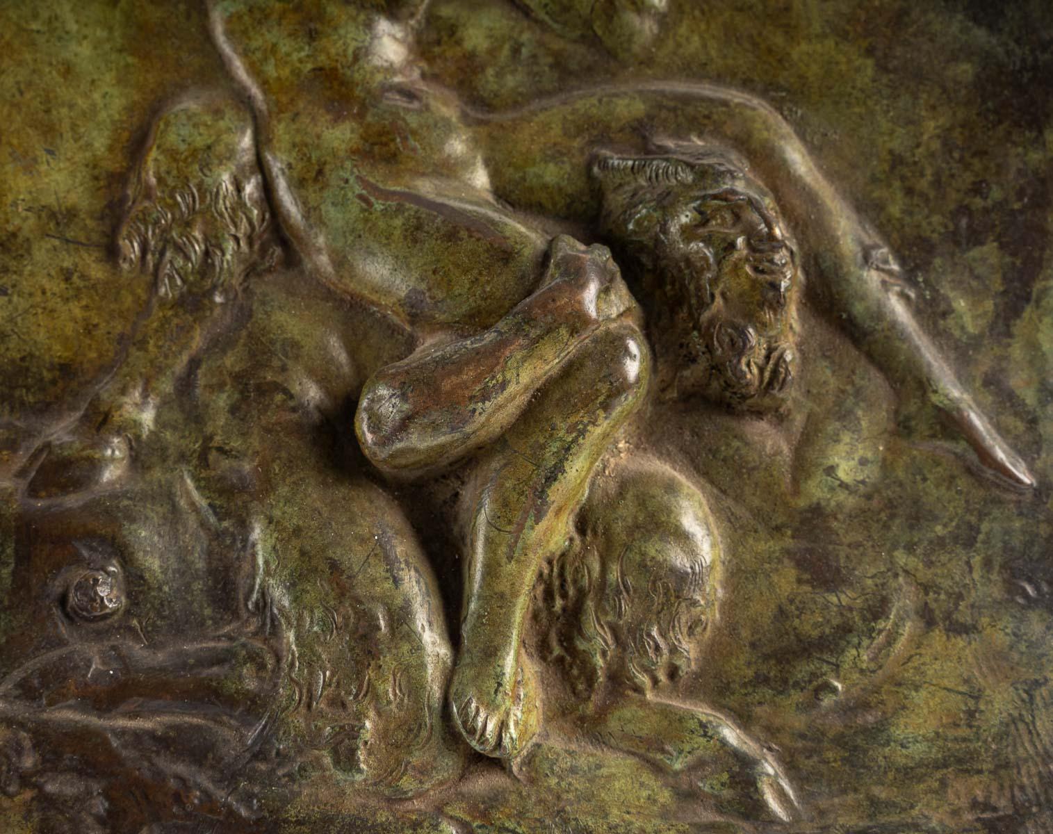 19th Century Bronze Plate with Patina Representing Fauns, Signed Clodion For Sale