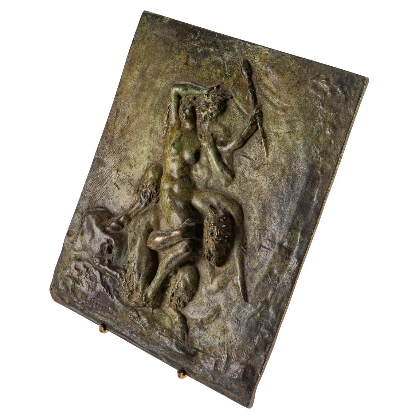 Bronze Plate with Patina Representing Fauns, Signed Clodion