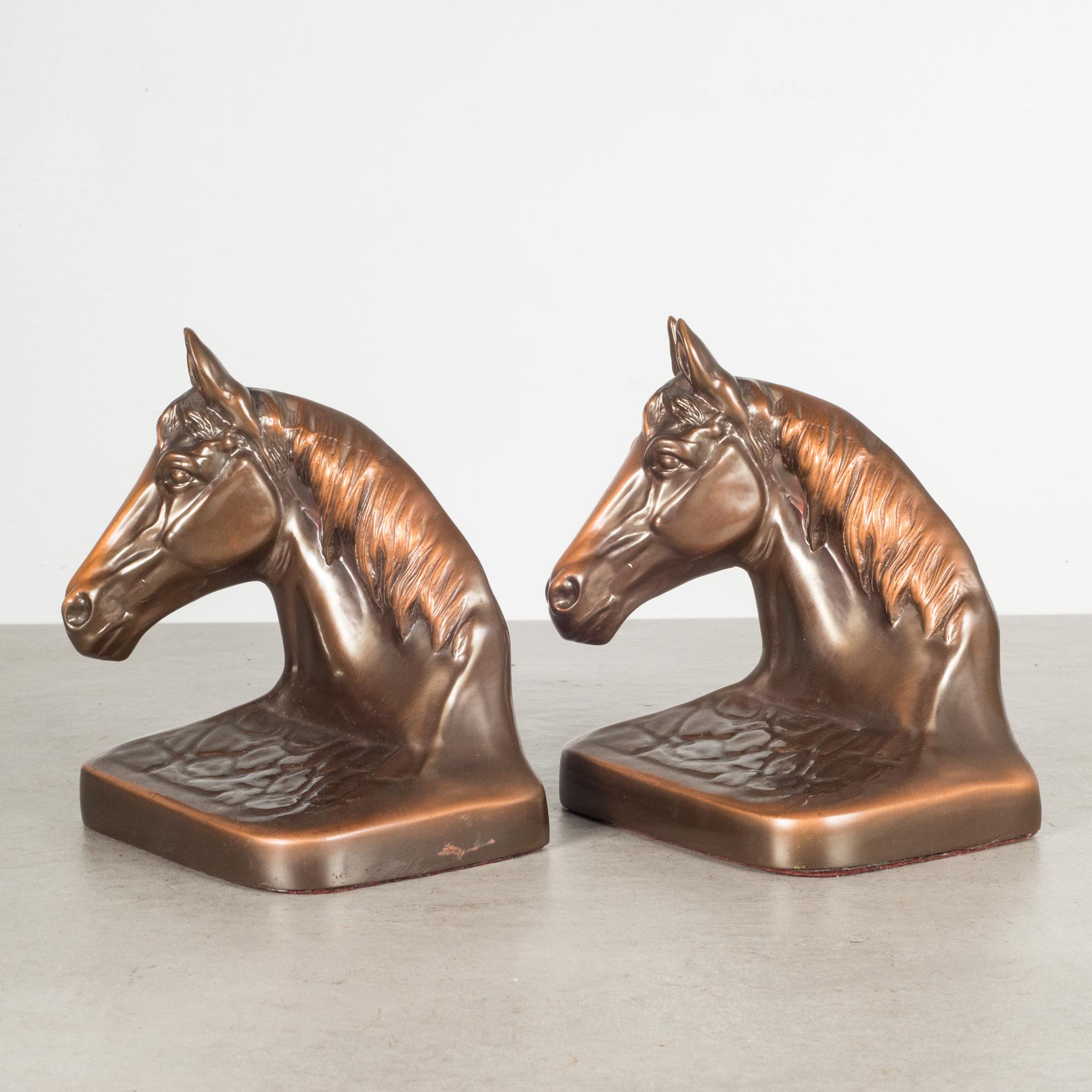 About

A vintage pair of bronze plated bookends with horse heads mounted on a simulated leather imprint.

Creator unknown.
Date of manufacture circa 1940s.
Materials and techniques cast gray metal, satin bronze finish.
Condition good. Wear
