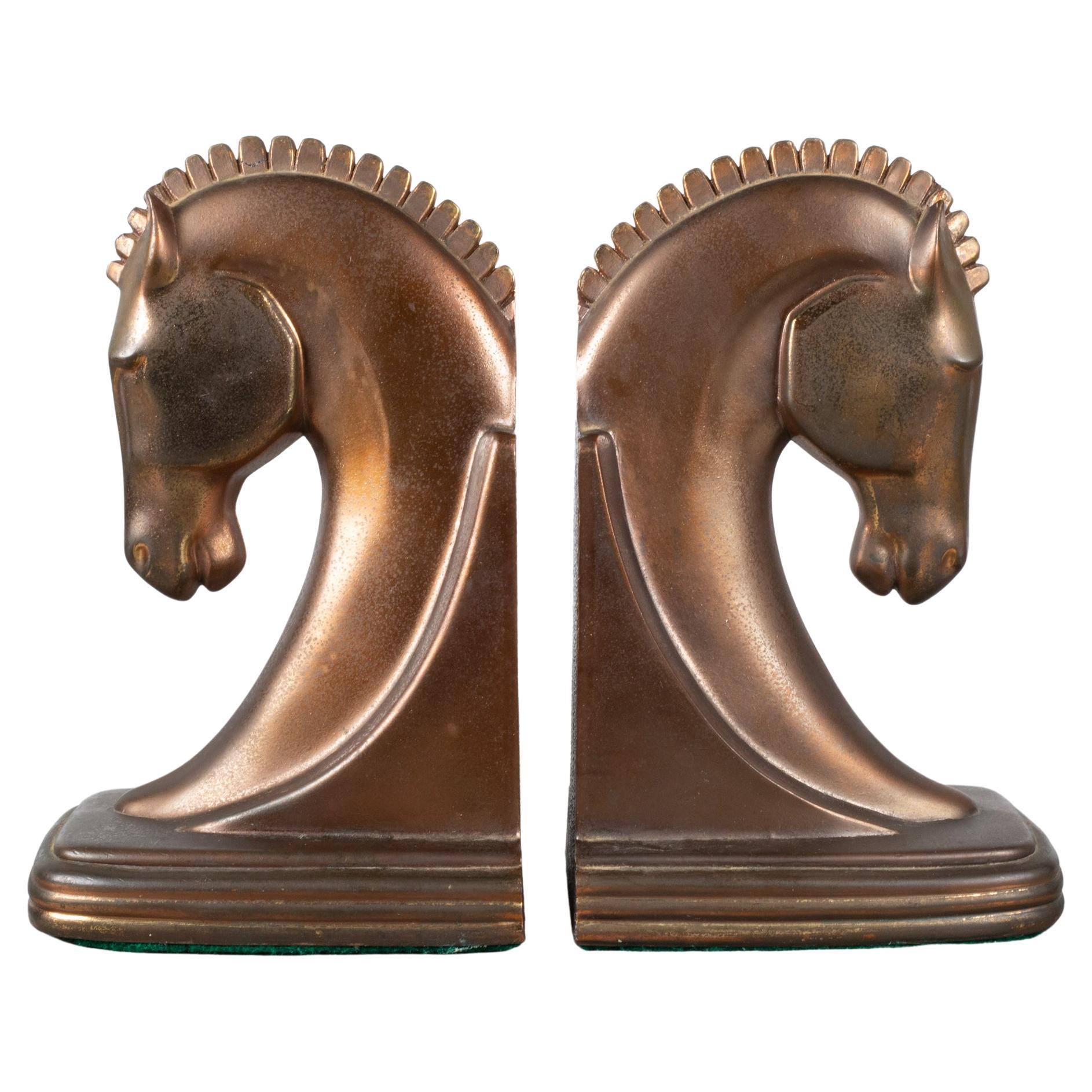 Bronze Machine Age Trojan Horse Bookends by Dodge Inc. C.1930  (FREE SHIPPING)
