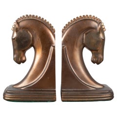 Used Bronze Machine Age Trojan Horse Bookends by Dodge Inc. C.1930  (FREE SHIPPING)