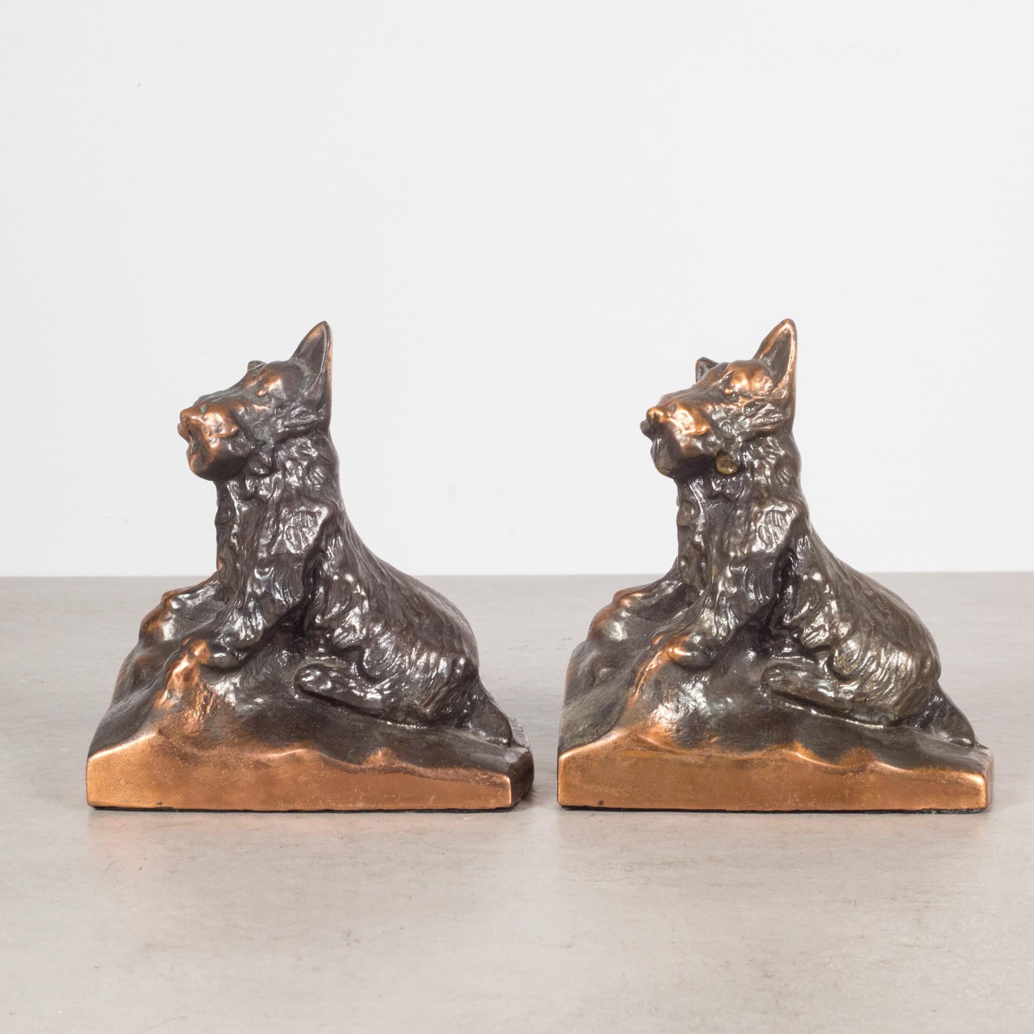 About

A vintage pair of bronze plated Scotty Dog bookends with original felt.

Creator Unknown.
Date of manufacture c.1940s.
Materials and techniques bronze plate, felt.
Condition good. Wear consistent with age and use.
Dimensions H 5 in. X