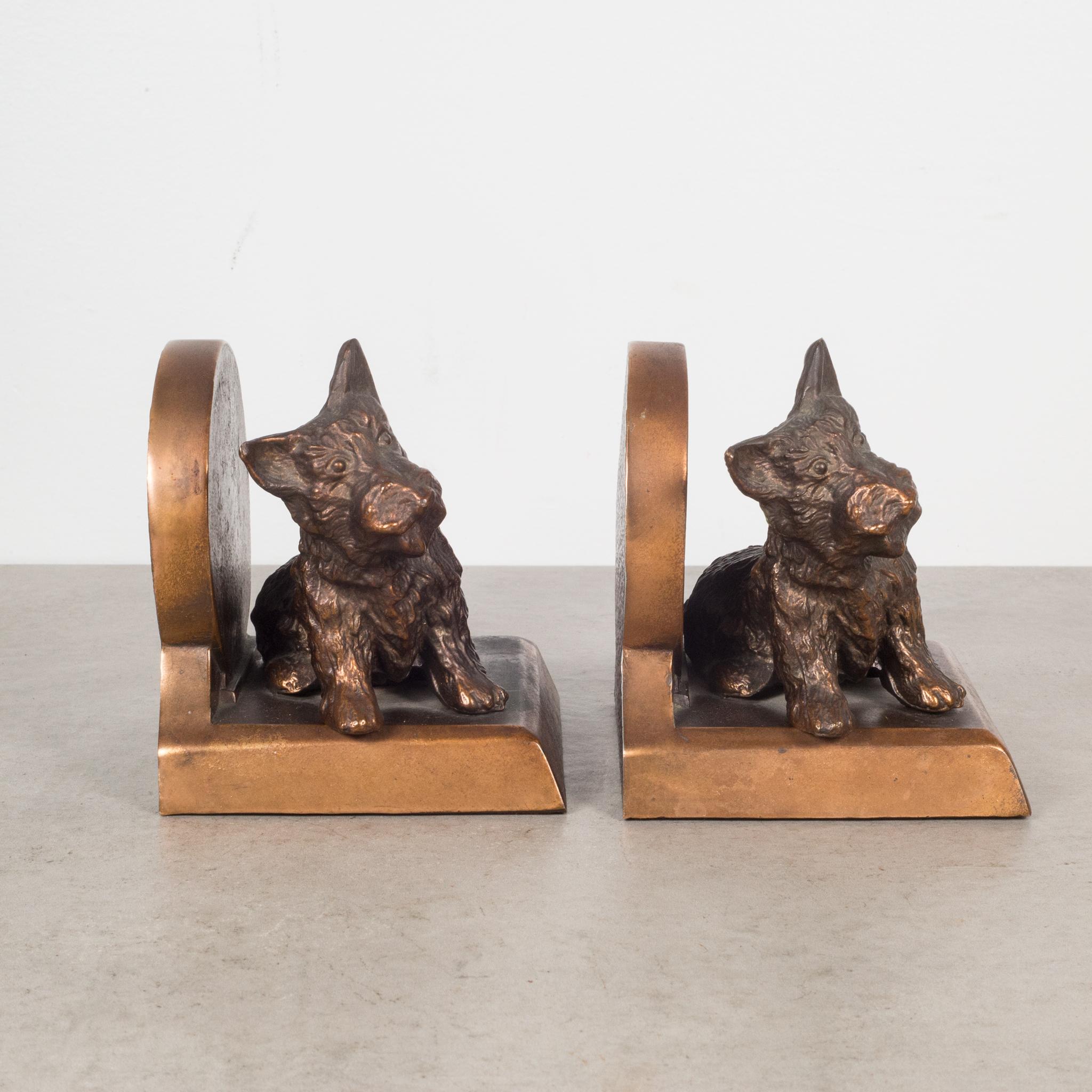 Industrial Bronze Plated Scotty Dog Bookends on Pedastals c.1940