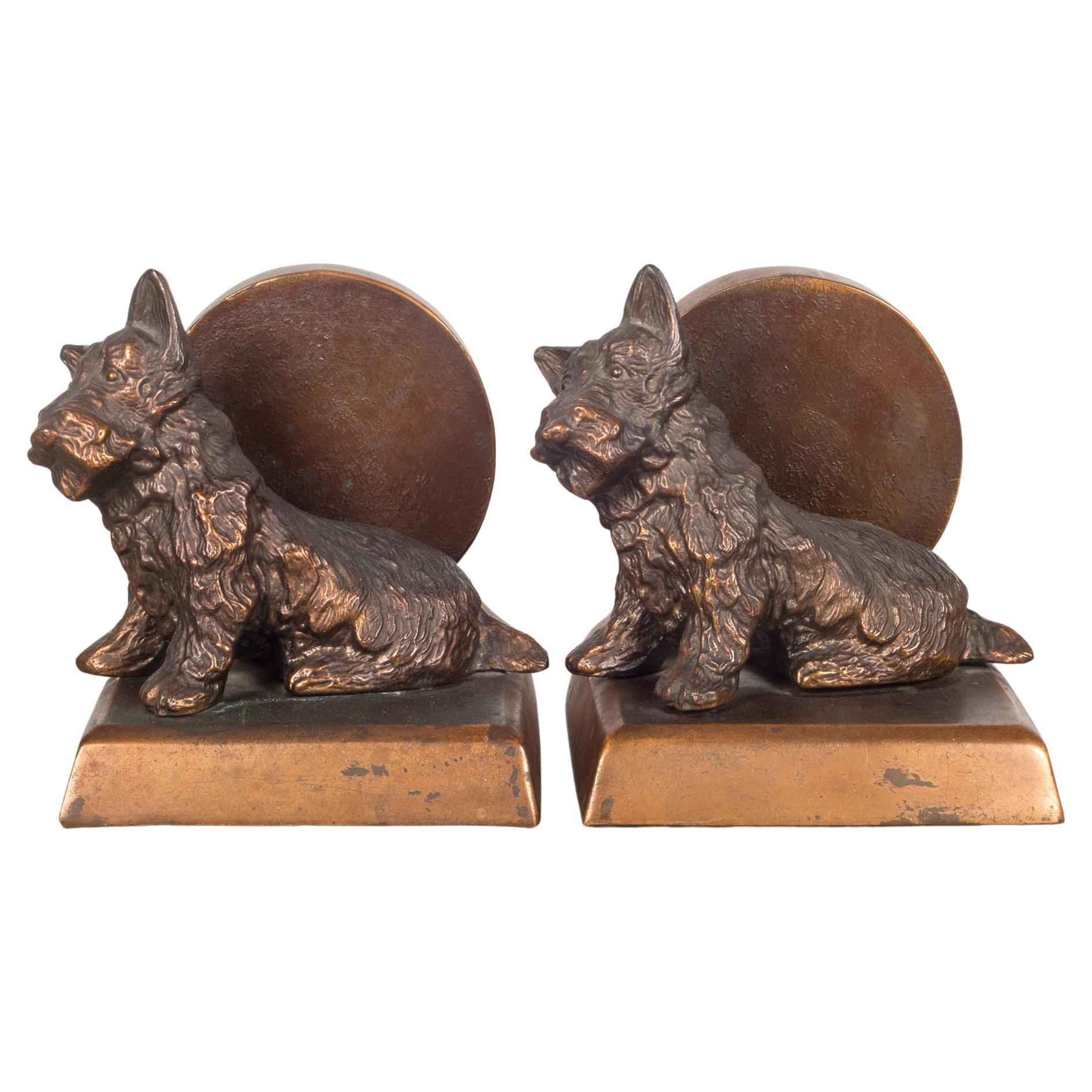 Bronze Plated Scotty Dog Bookends on Pedastals c.1940