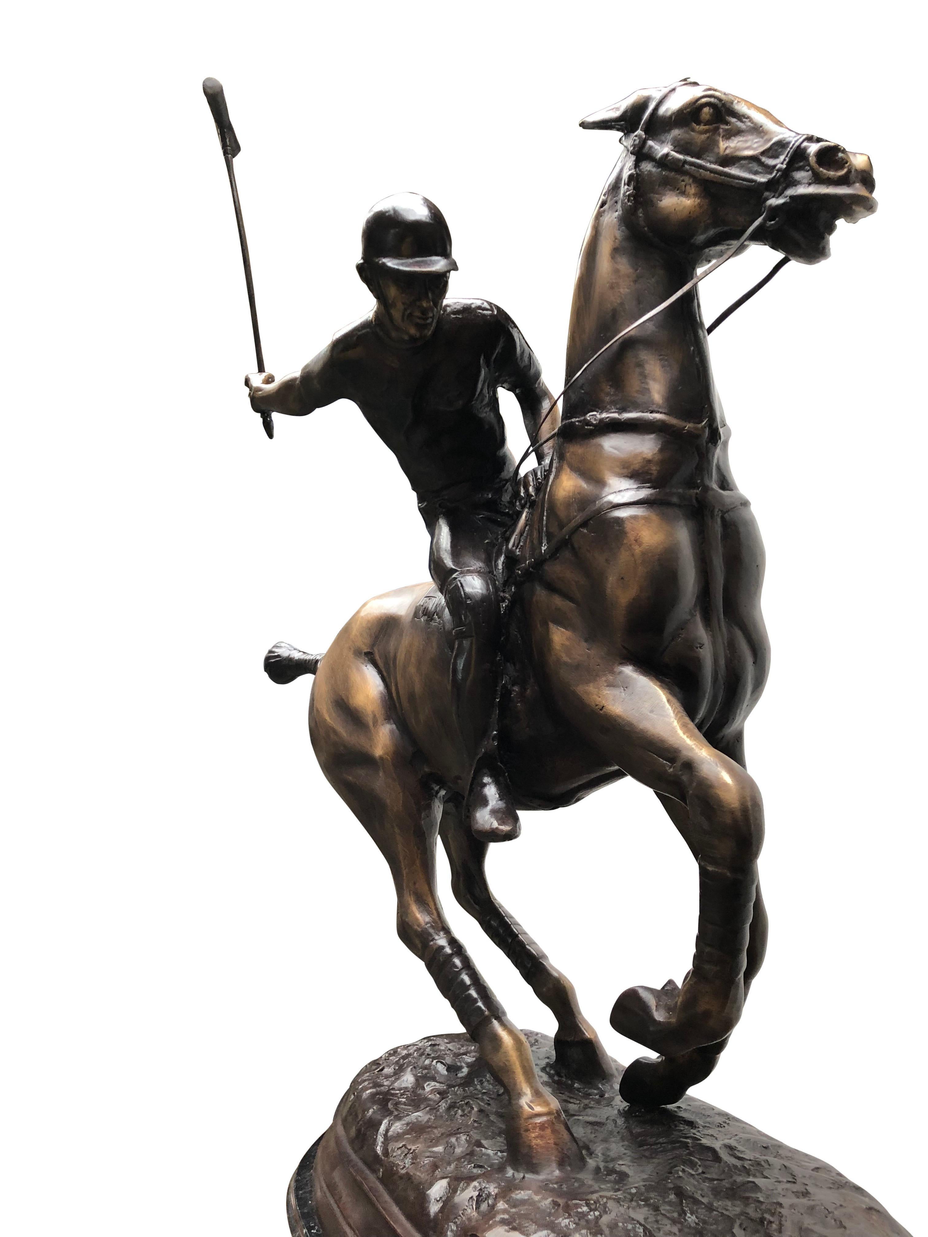 English Bronze Polo Player Horse Jockey Statue Casting, 20th Century