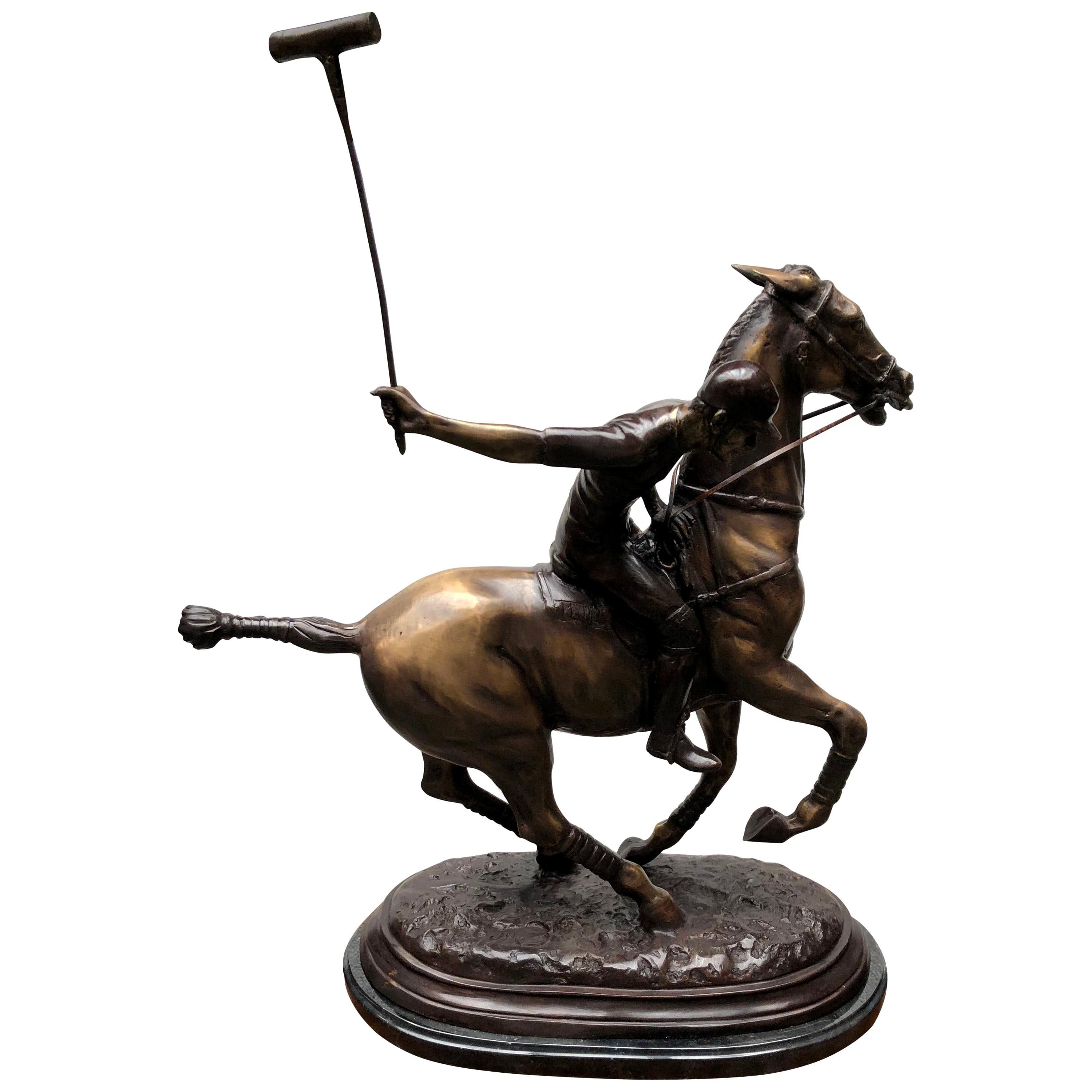 Bronze Polo Player Horse Jockey Statue Casting, 20th Century