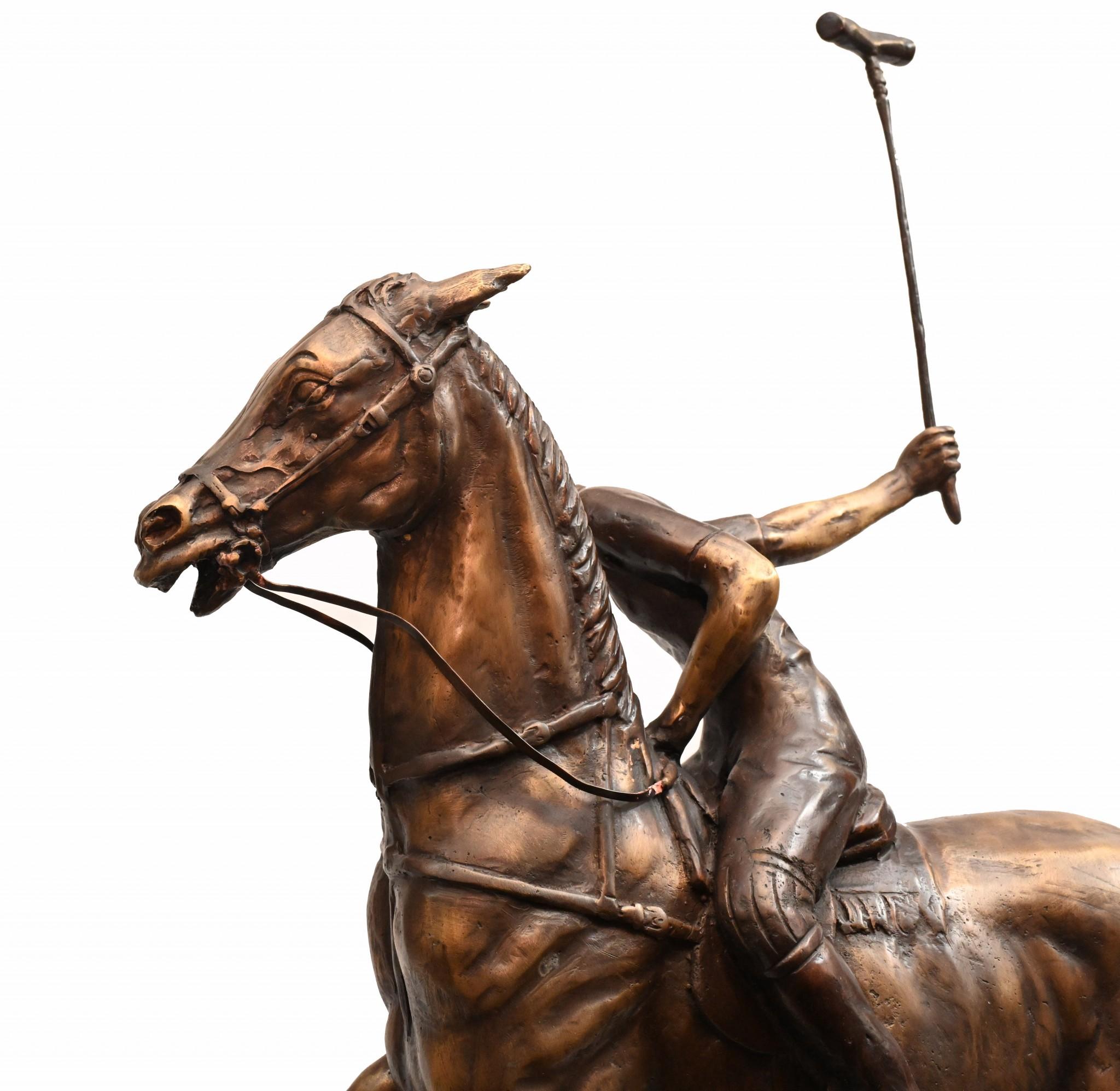 Late 20th Century Bronze Polo Player Horse Jockey Statue Casting For Sale